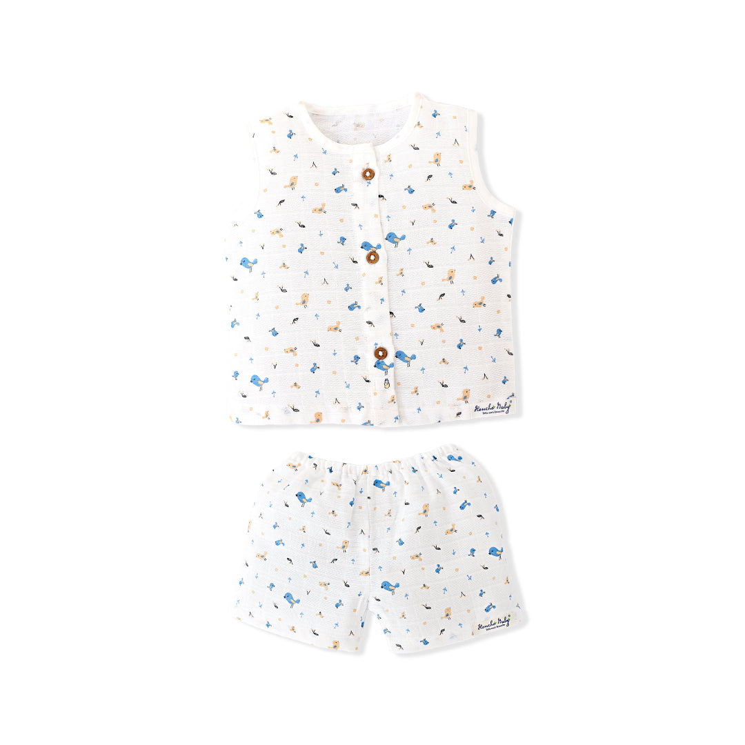 Pretty Little Birds- Muslin Unisex Sleeveless top & Shorts (0 - 4years)