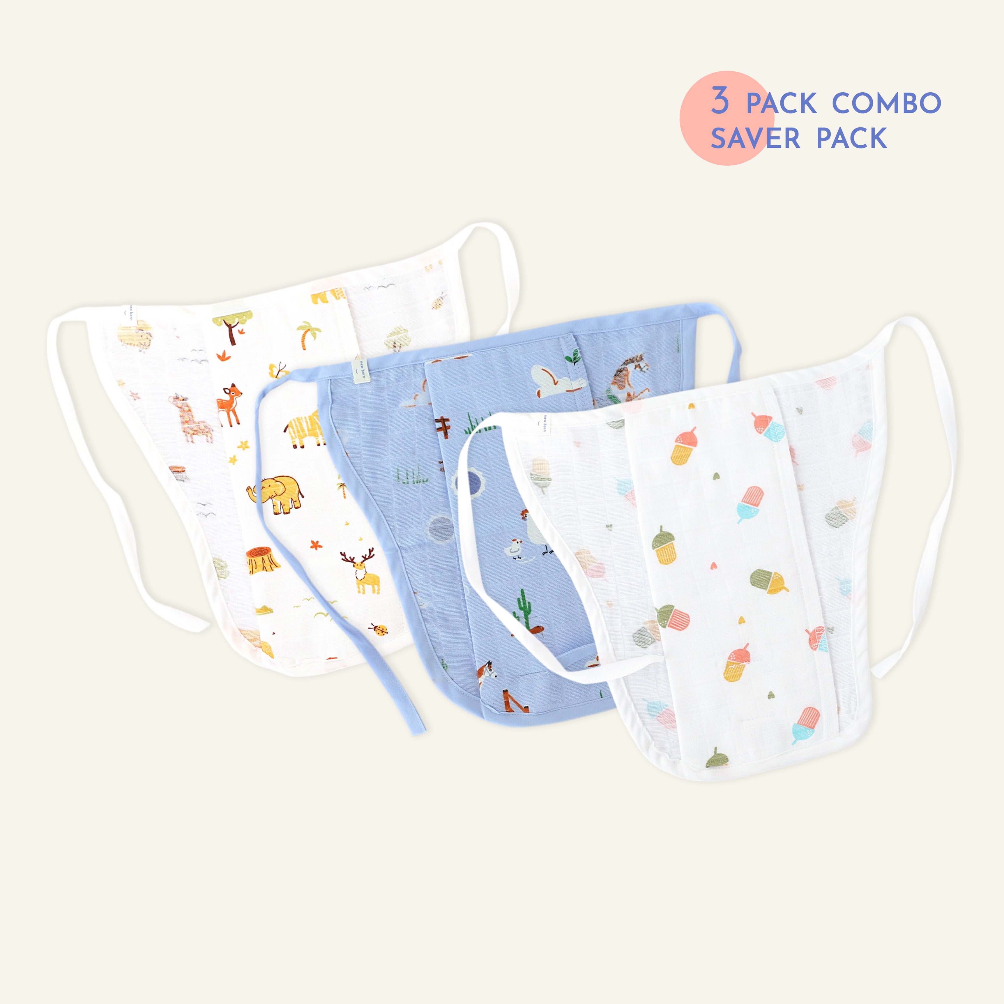 Assorted 3 pack - Muslin Knot jabla & Reusable Muslin Nappies / Langot (4 Layered Central Panel) - Tiny Tales Combo