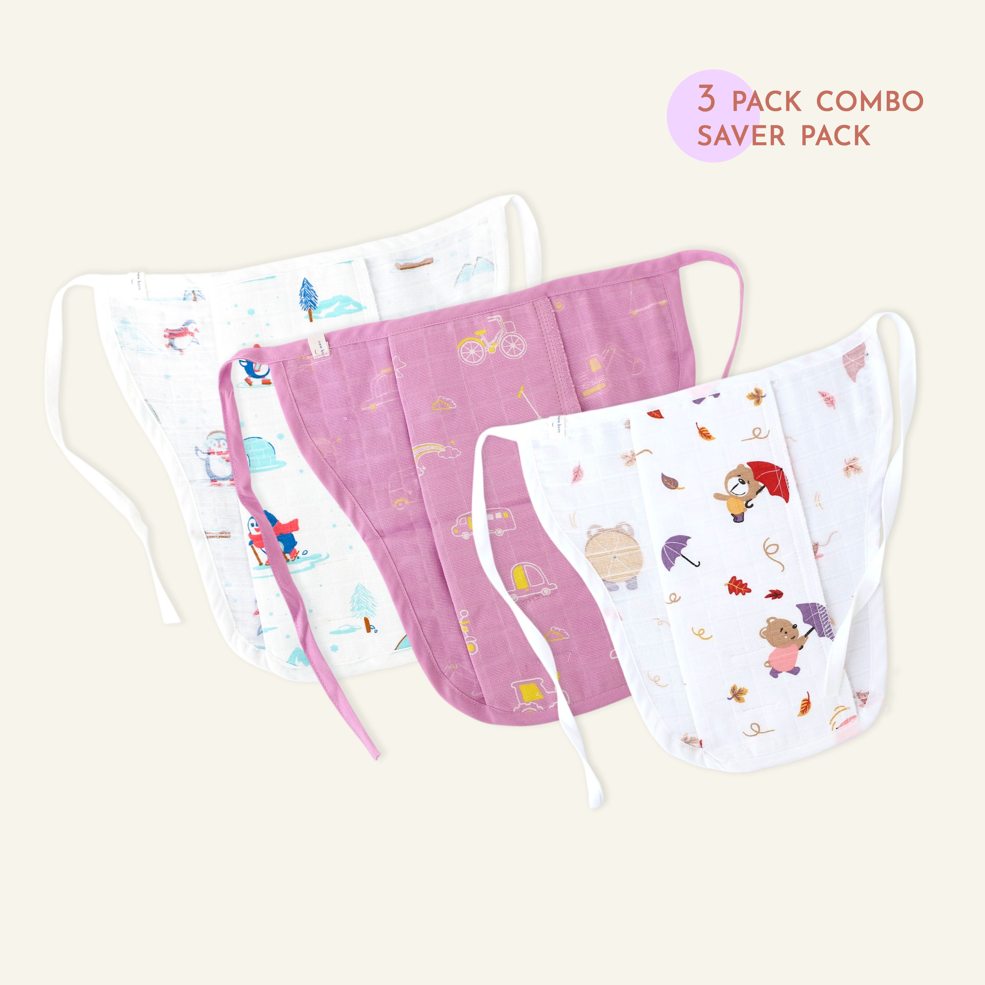 Assorted 3 pack - Muslin Knot jabla & Reusable Muslin Nappies / Langot (4 Layered Central Panel) - Little explorer combo