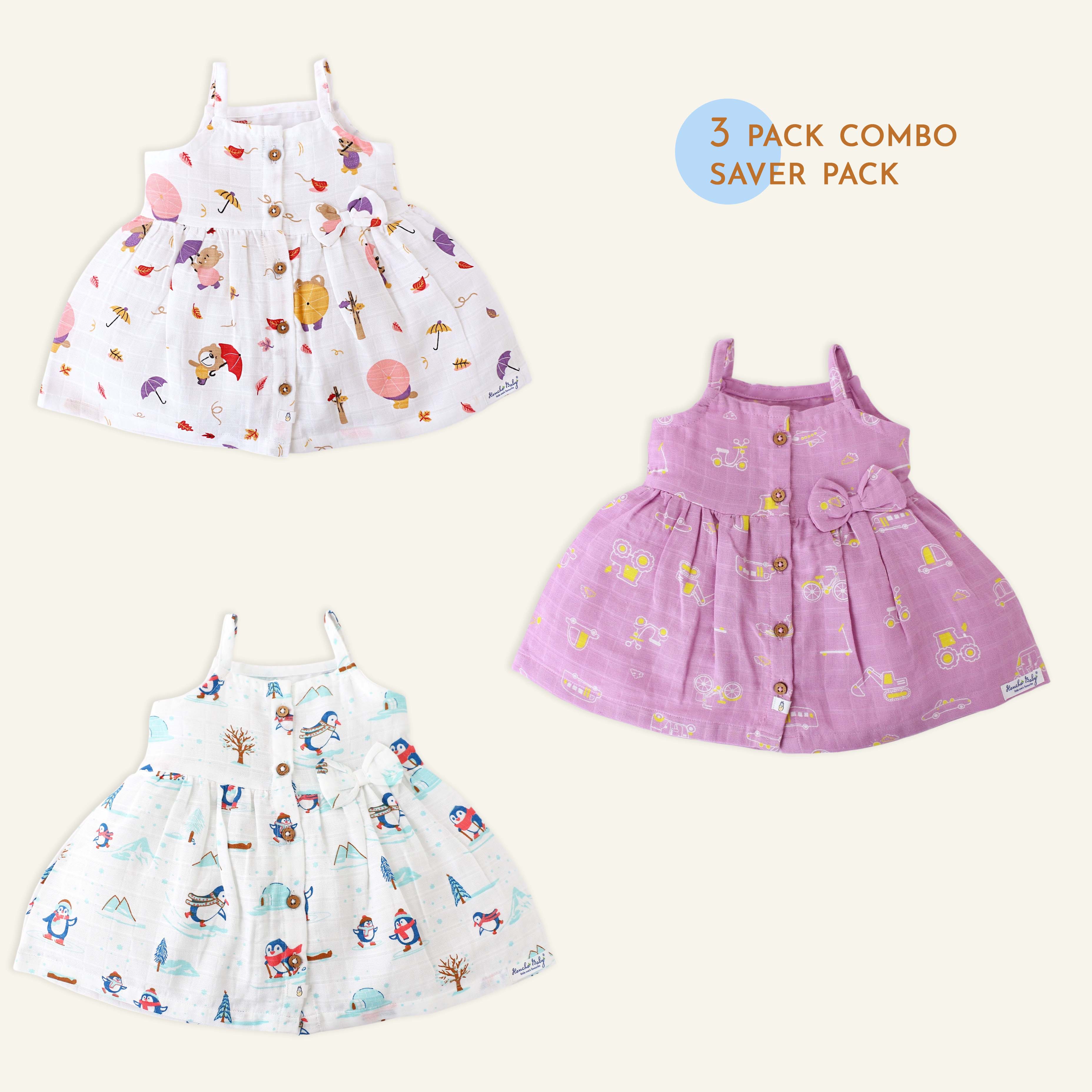 Sleeveless Muslin Cotton Frock with Bow (0m to 4years) Little Explorer Combo