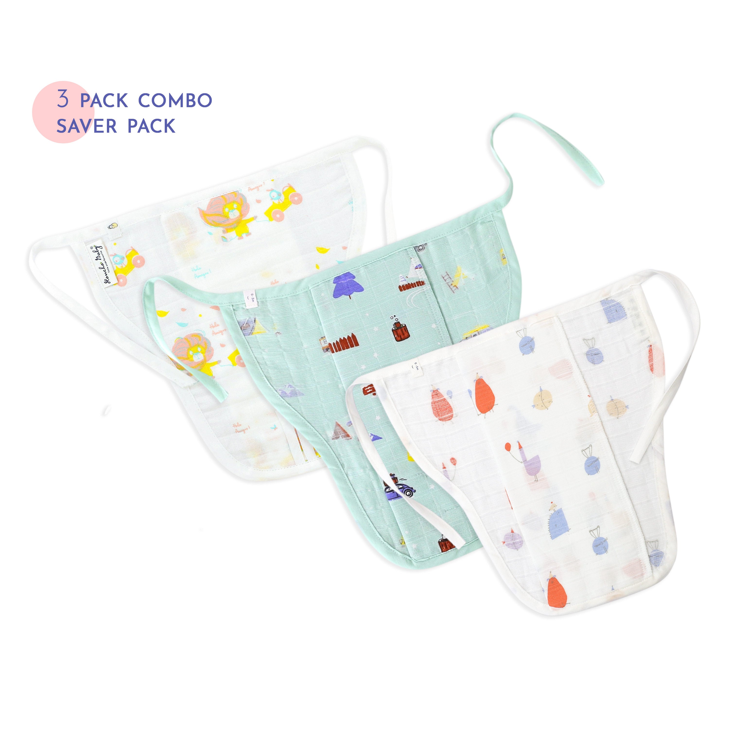 Assorted 3 pack - Reusable Muslin Nappies / Langot (4 Layered Central Panel) - Little Adventure Combo