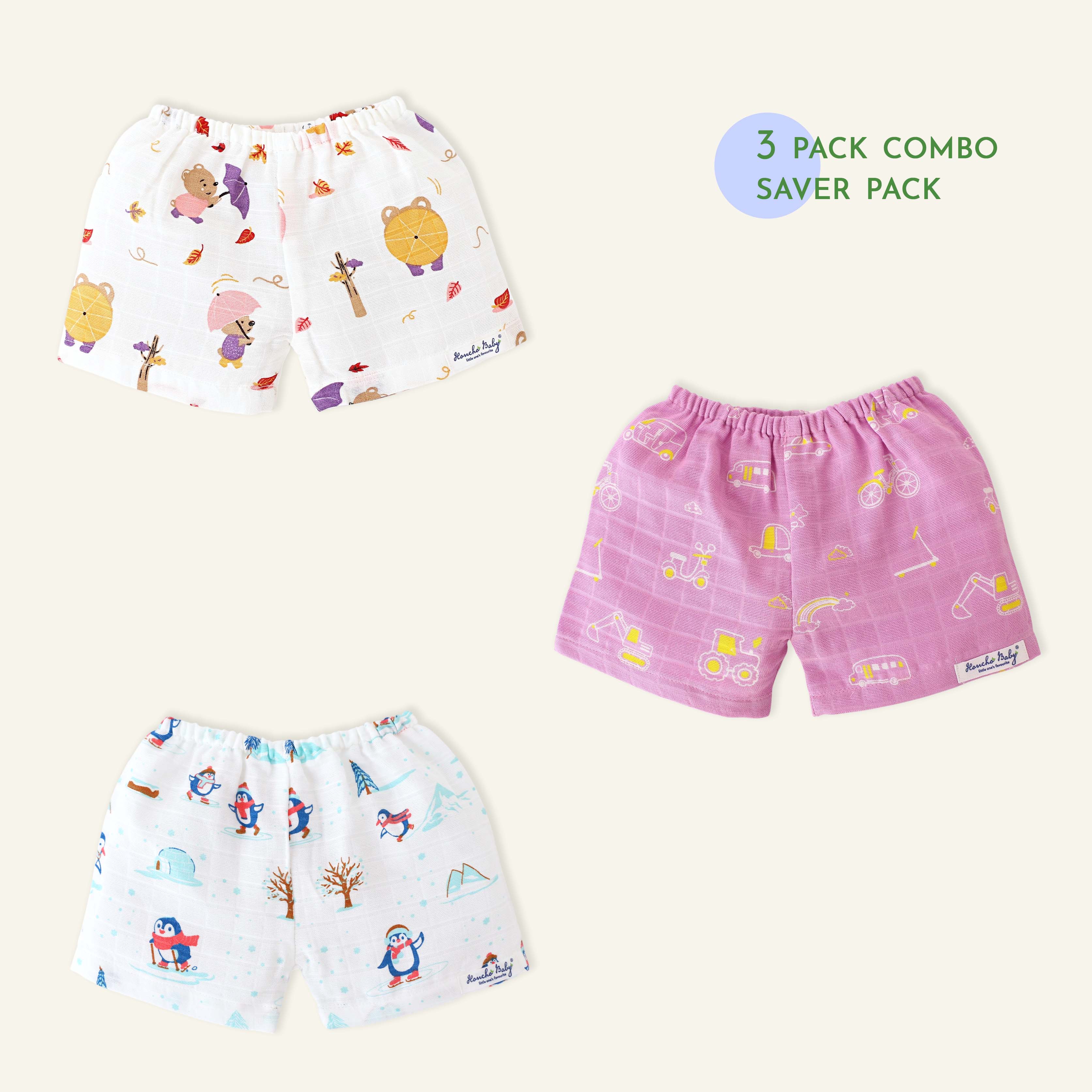 Muslin Unisex Shorts- Assorted Pack of 3 (0 - 4 years) Little Explorer combo