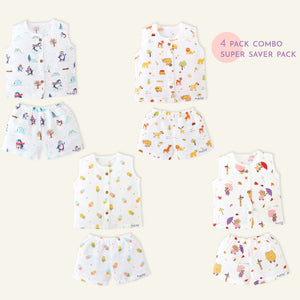 Muslin Unisex Sleeveless top - 4 & Shorts set - 4 (NB - 4years) COMBO SAVER 4 PACK