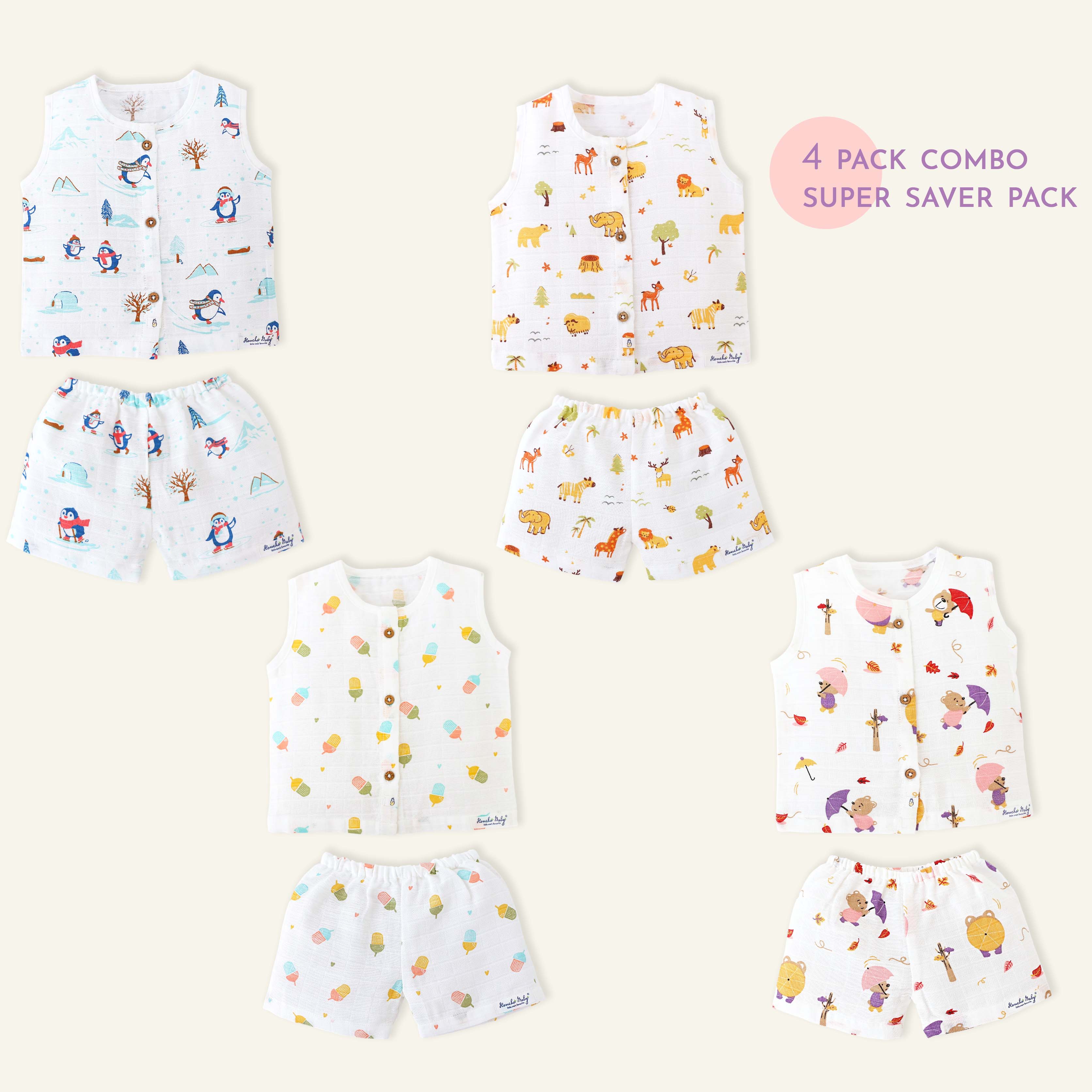 Muslin Unisex Sleeveless top - 4 & Shorts set - 4 (NB - 4years) COMBO SAVER 4 PACK