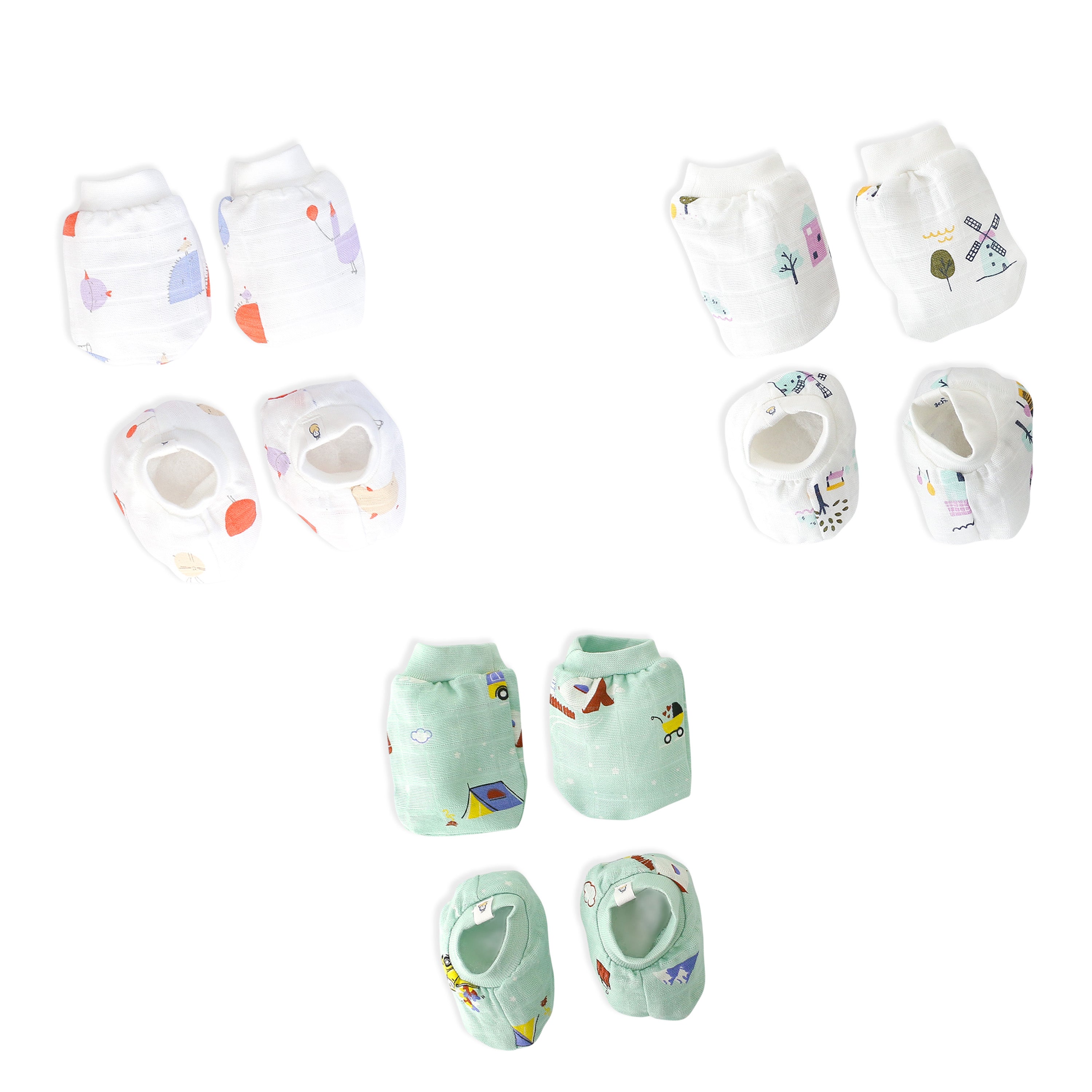 Baby Mittens and Booties 3 Pack Set ( 0 - 4 months ) 100% Cotton (Little Adventure Combo) NEW