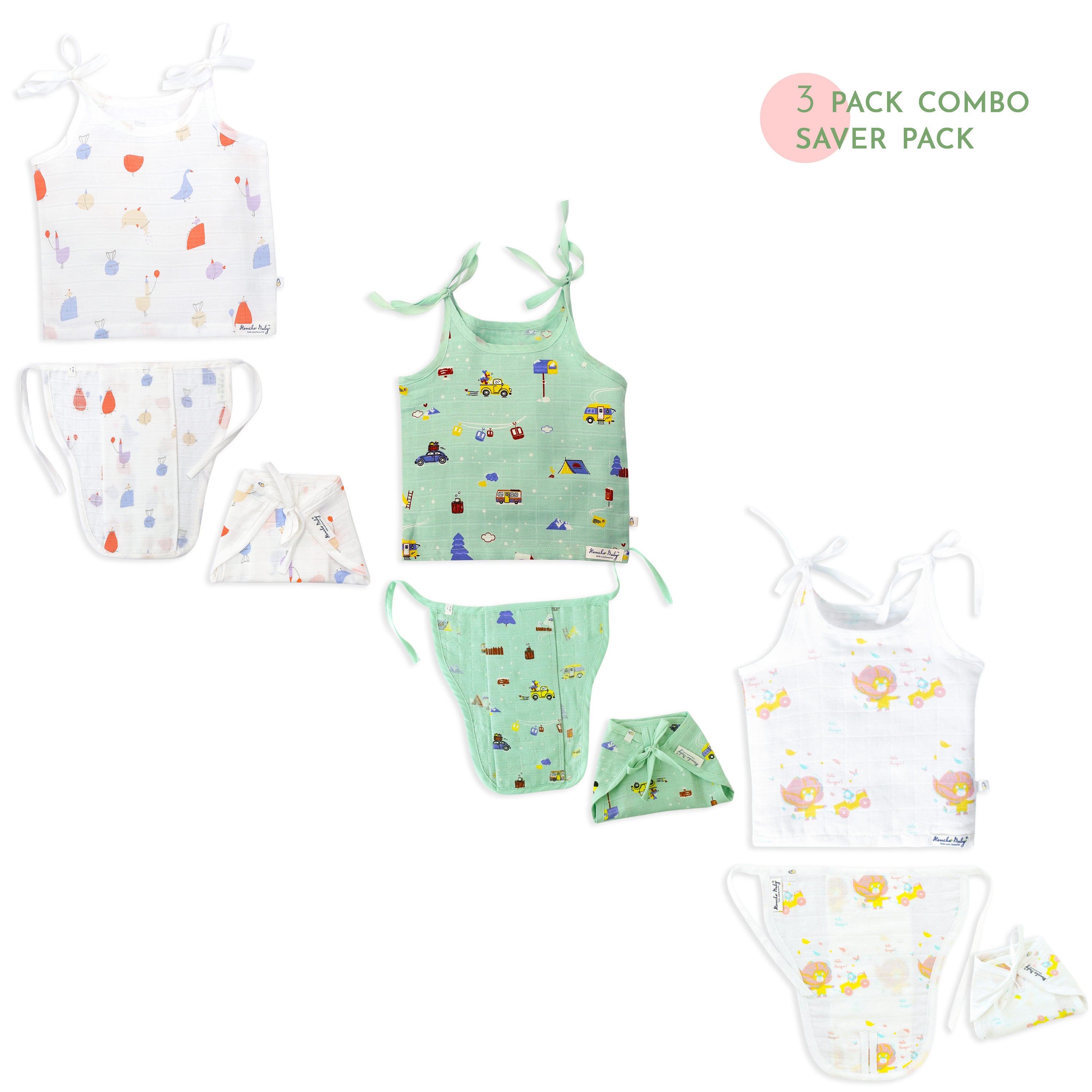 Assorted 3 pack - Muslin Knot jabla & Reusable Muslin Nappies / Langot (4 Layered Central Panel) - Little adventures Combo NEW