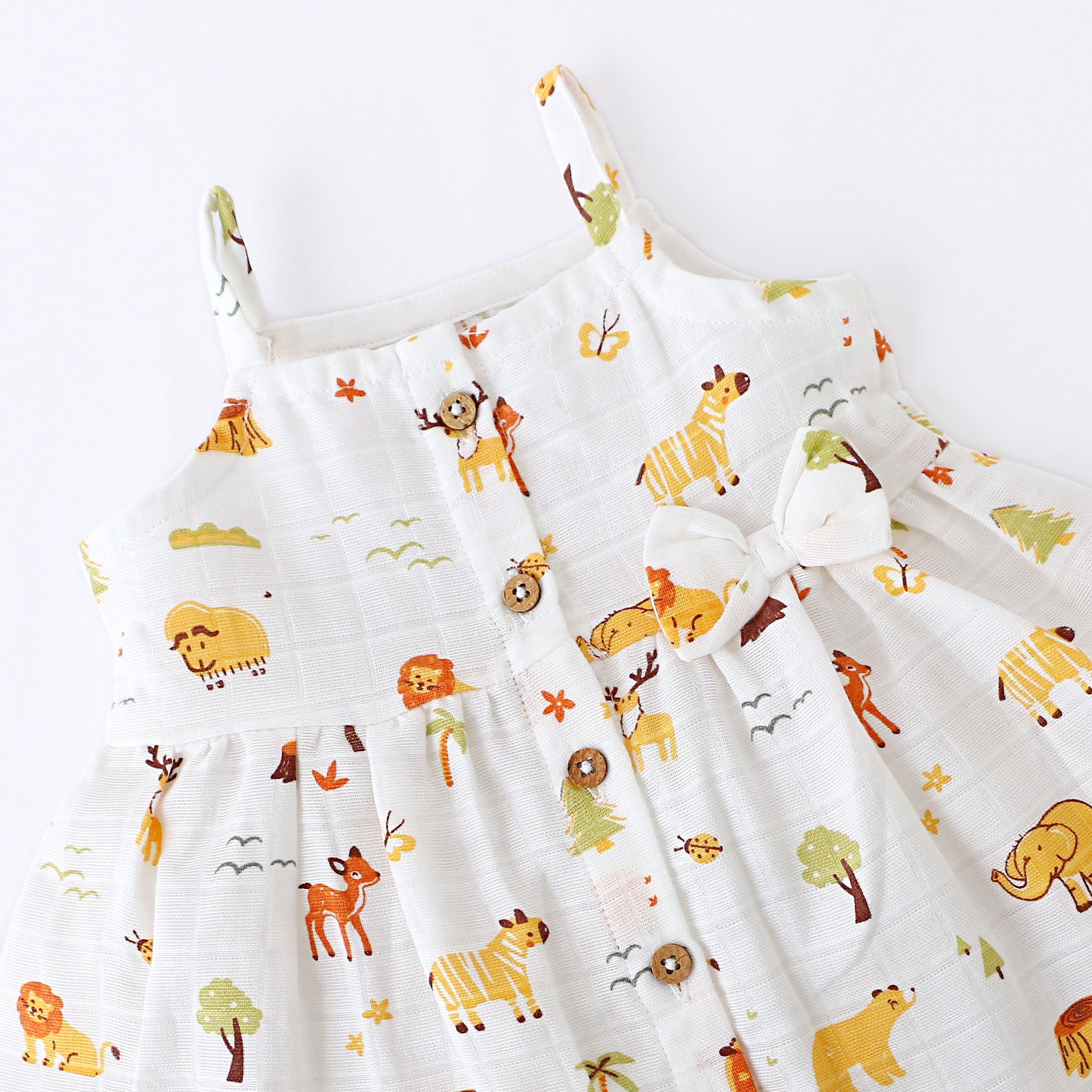 Sleeveless Muslin Cotton Frock with Bow (0m to 4years) - Tiny Jungle Adventures
