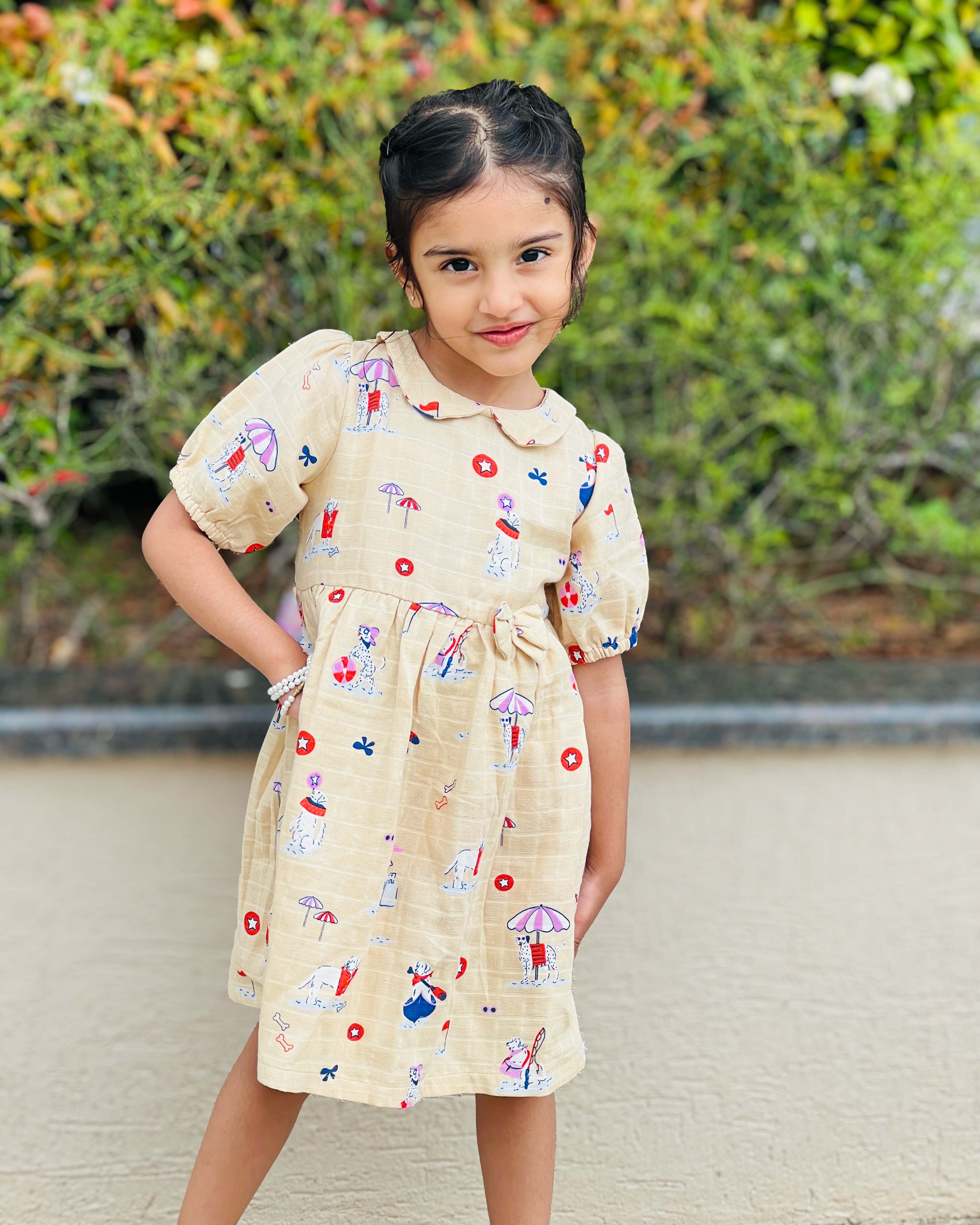 Paw-some Beach Day - Half Sleeve Puff Muslin Cotton Frock with Bow (0m to 5 years) NEW