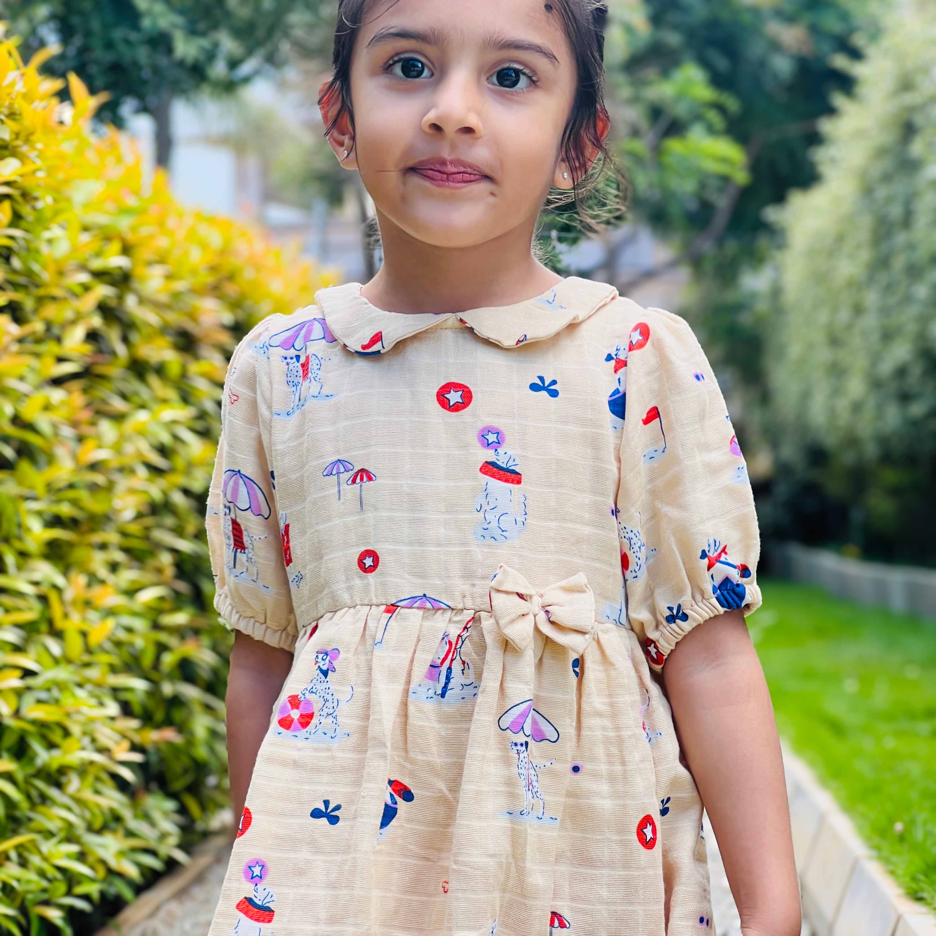 Paw-some Beach Day - Half Sleeve Puff Muslin Cotton Frock with Bow (0m to 5 years) NEW