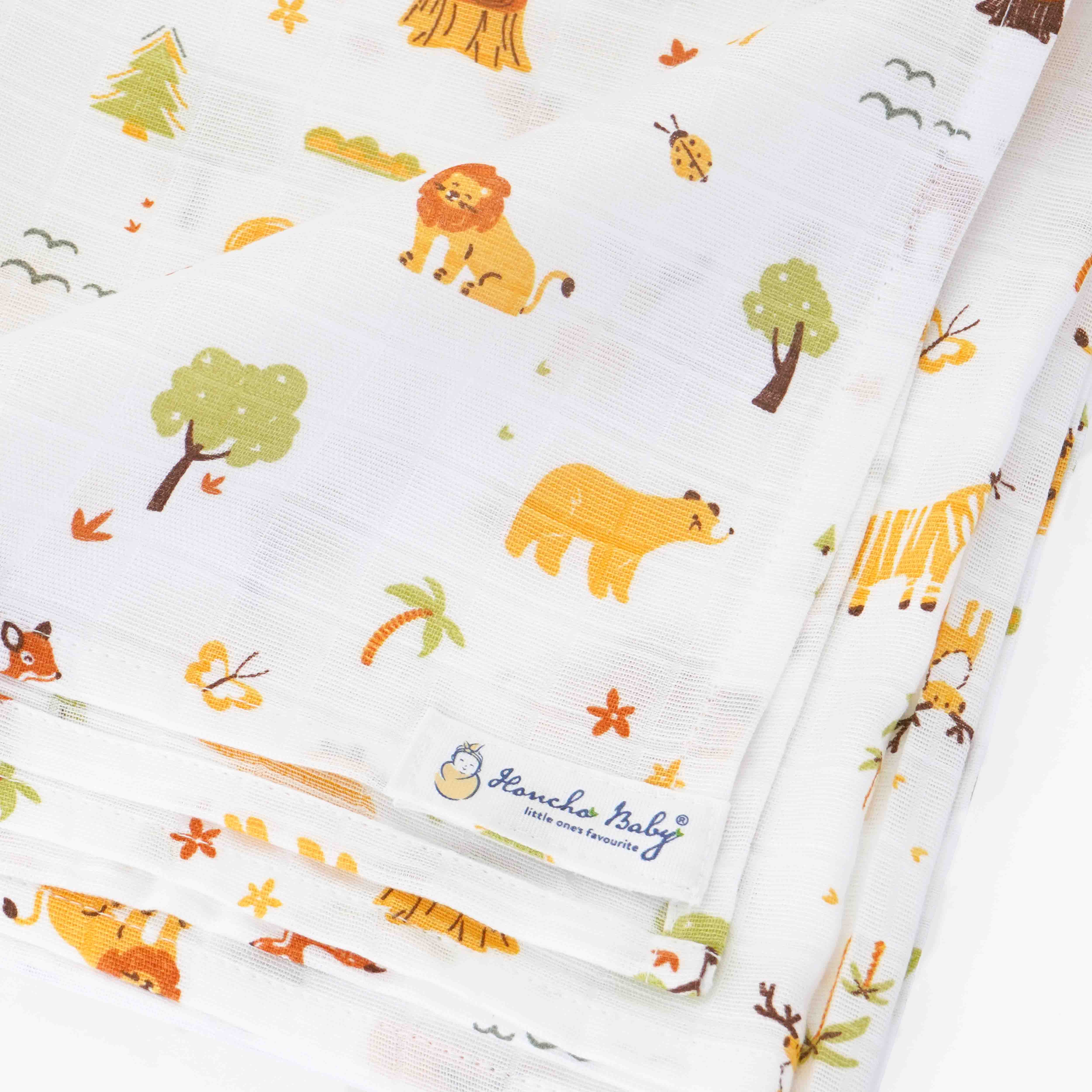 Tiny Jungle Adventures - Organic Cotton (double layer) Baby Muslin Swaddle Set - 100 X 100 cms