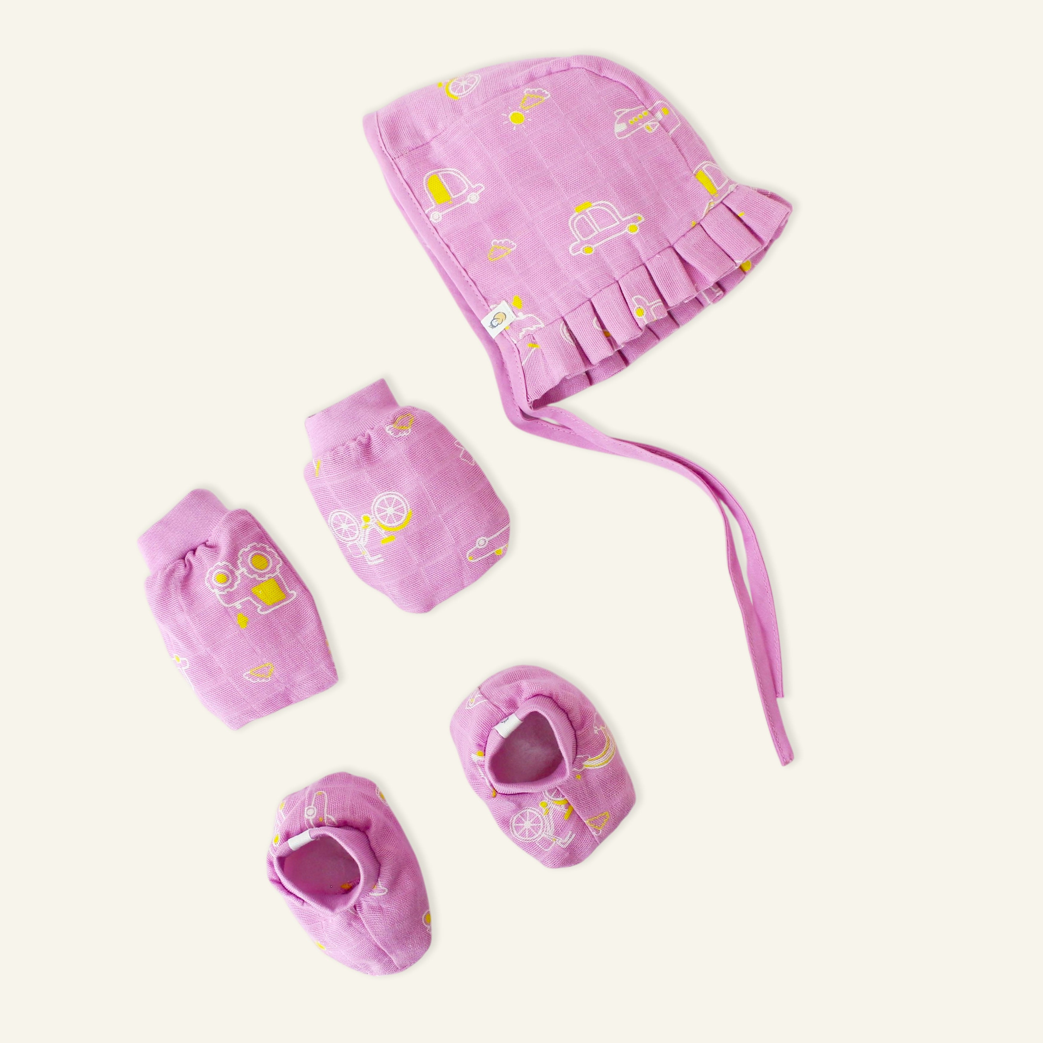 Baby Cap, Mittens and booties Set - Busy Little Wheels (0 - 3 months)