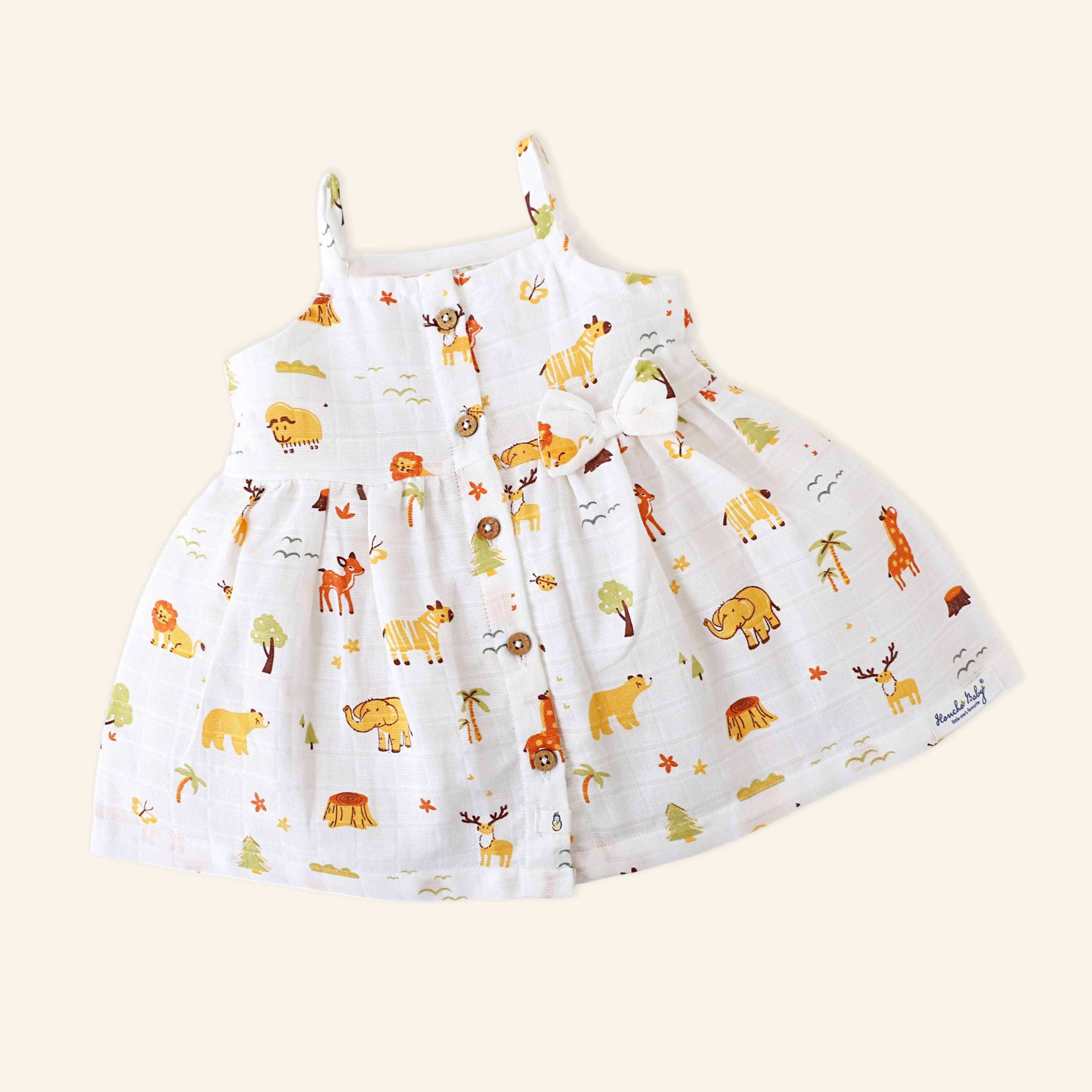 Sleeveless Muslin Cotton Frock with Bow (0m to 4years) - Tiny Jungle Adventures