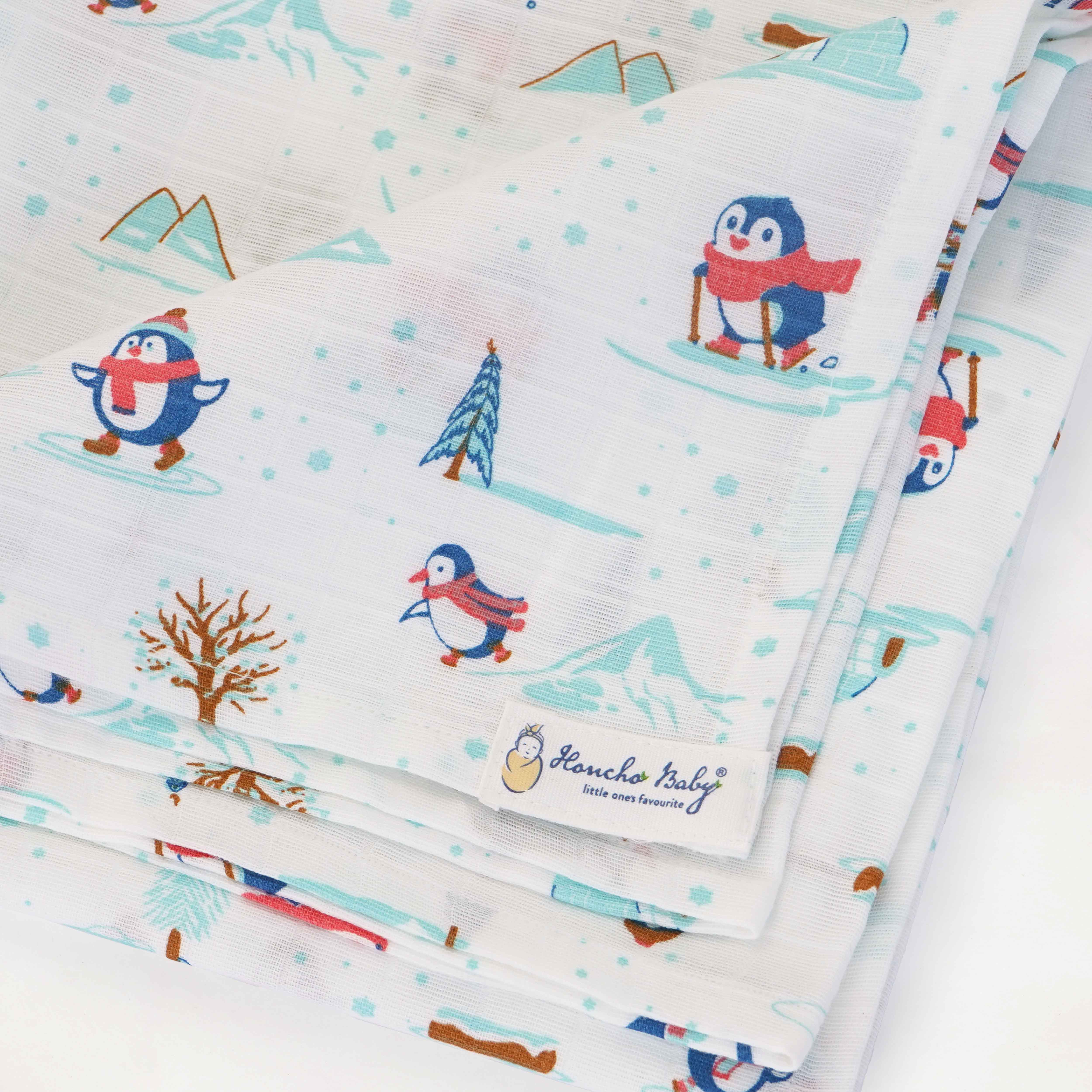 Penguin Wonderland - Organic Cotton (double layer) Baby Muslin Swaddle Set - 100 X 100 cms