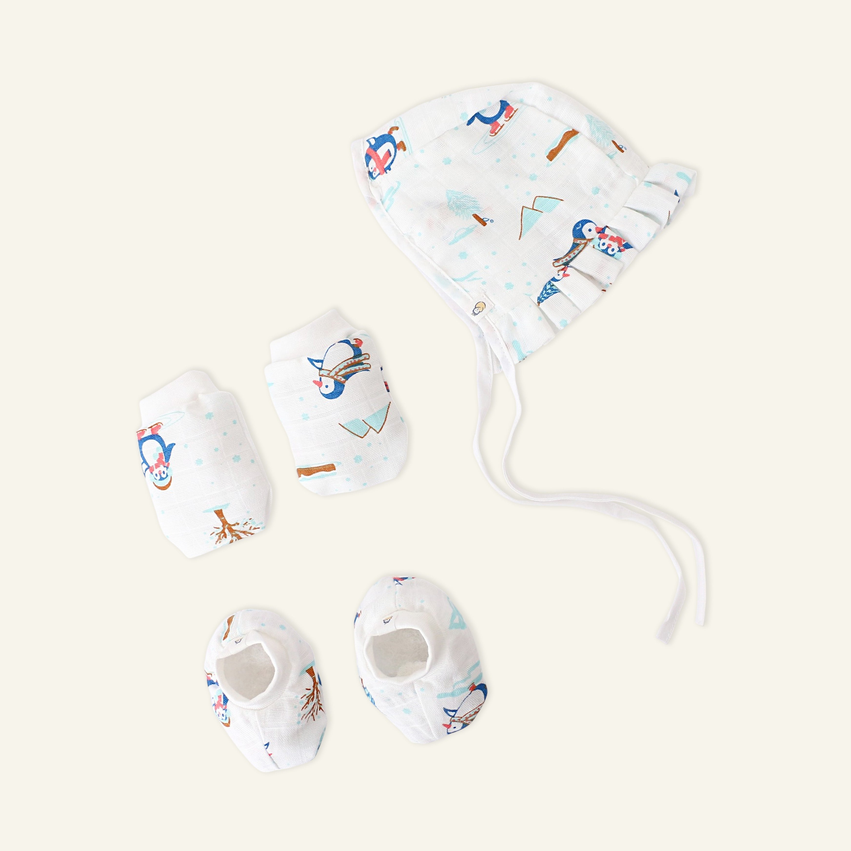 Baby Cap, Mittens and booties Set - Penguin Wonderland (0 - 3 months)