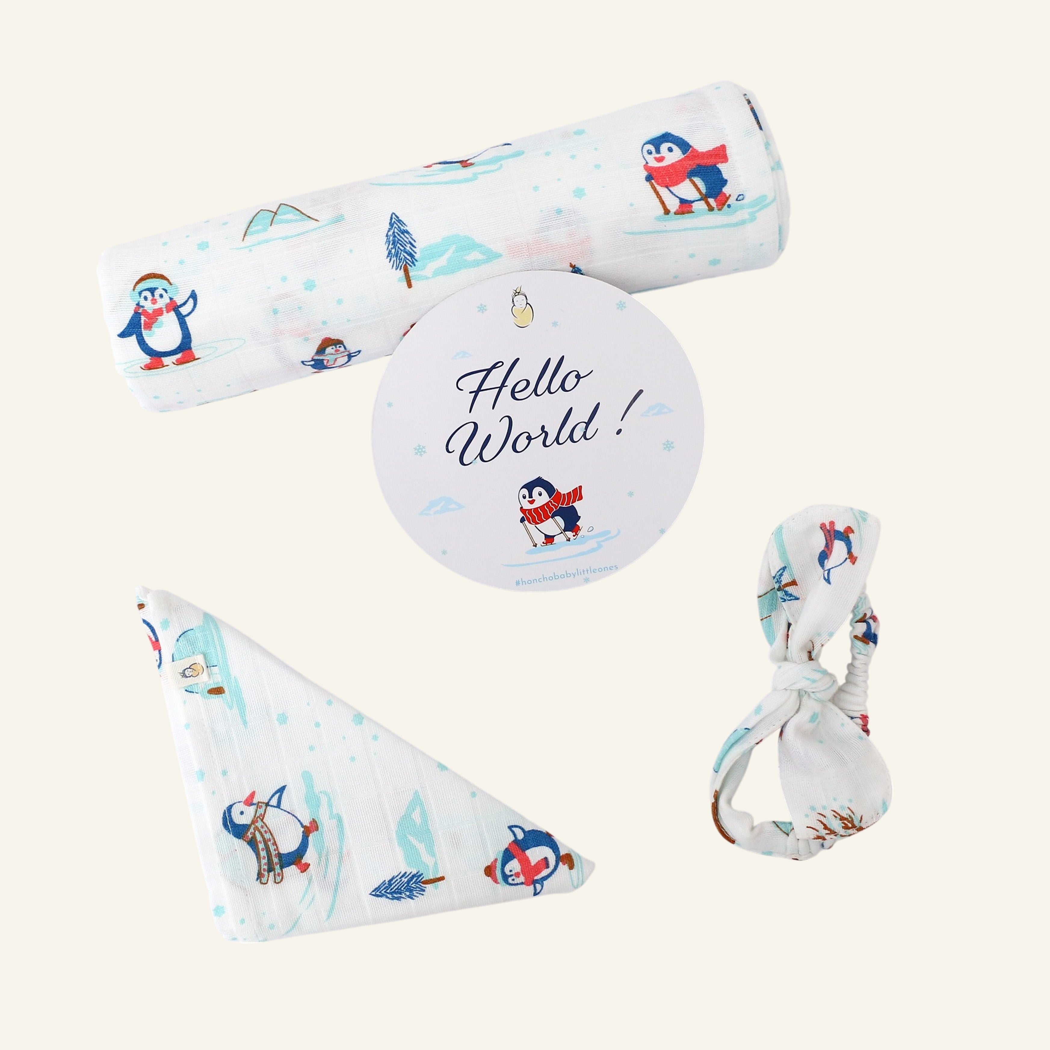 Penguin Wonderland - Organic Cotton (double layer) Baby Muslin Swaddle Set - 100 X 100 cms