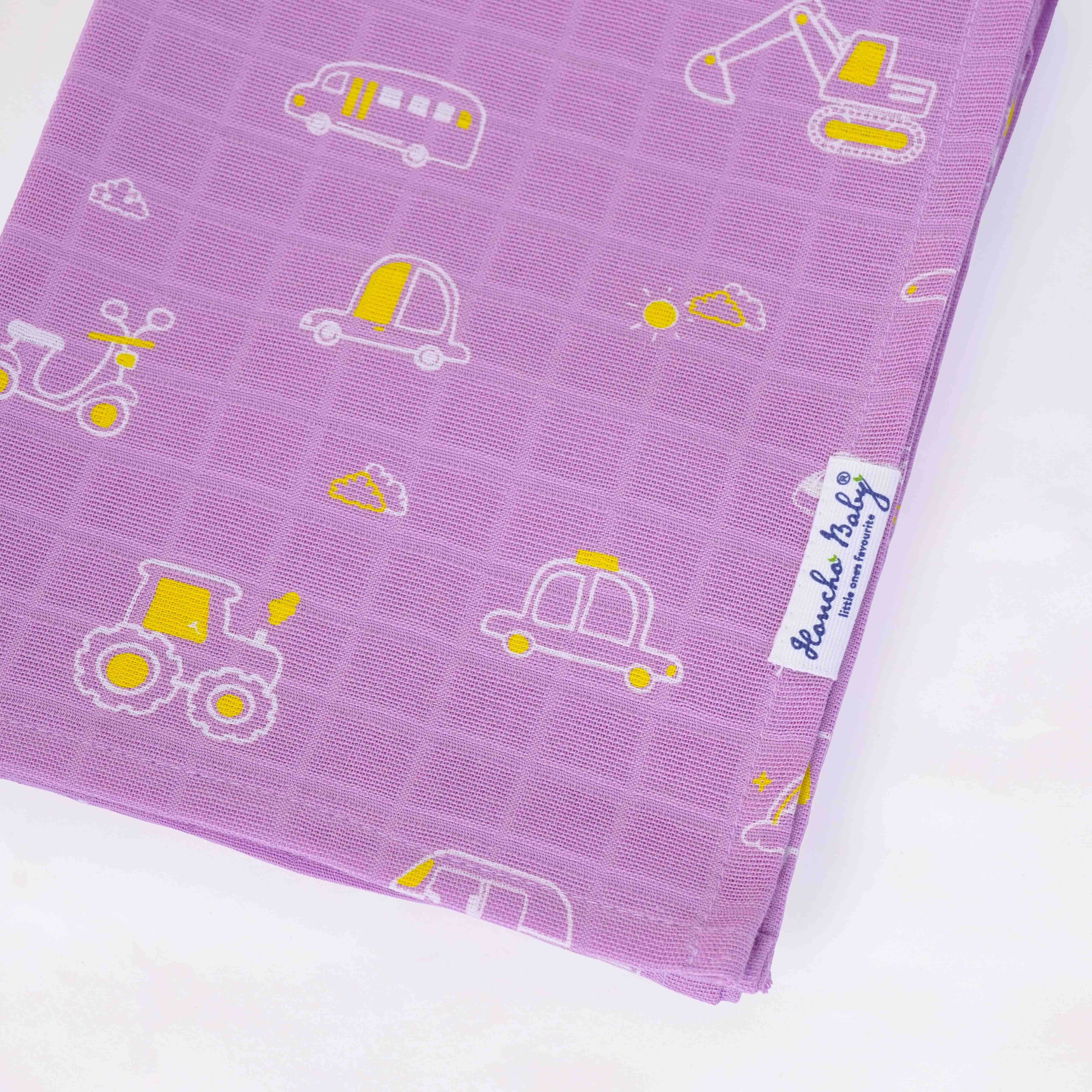 Busy Little Wheels - Muslin 100% Cotton Baby Towel (65 X 90 cms) 1 pack