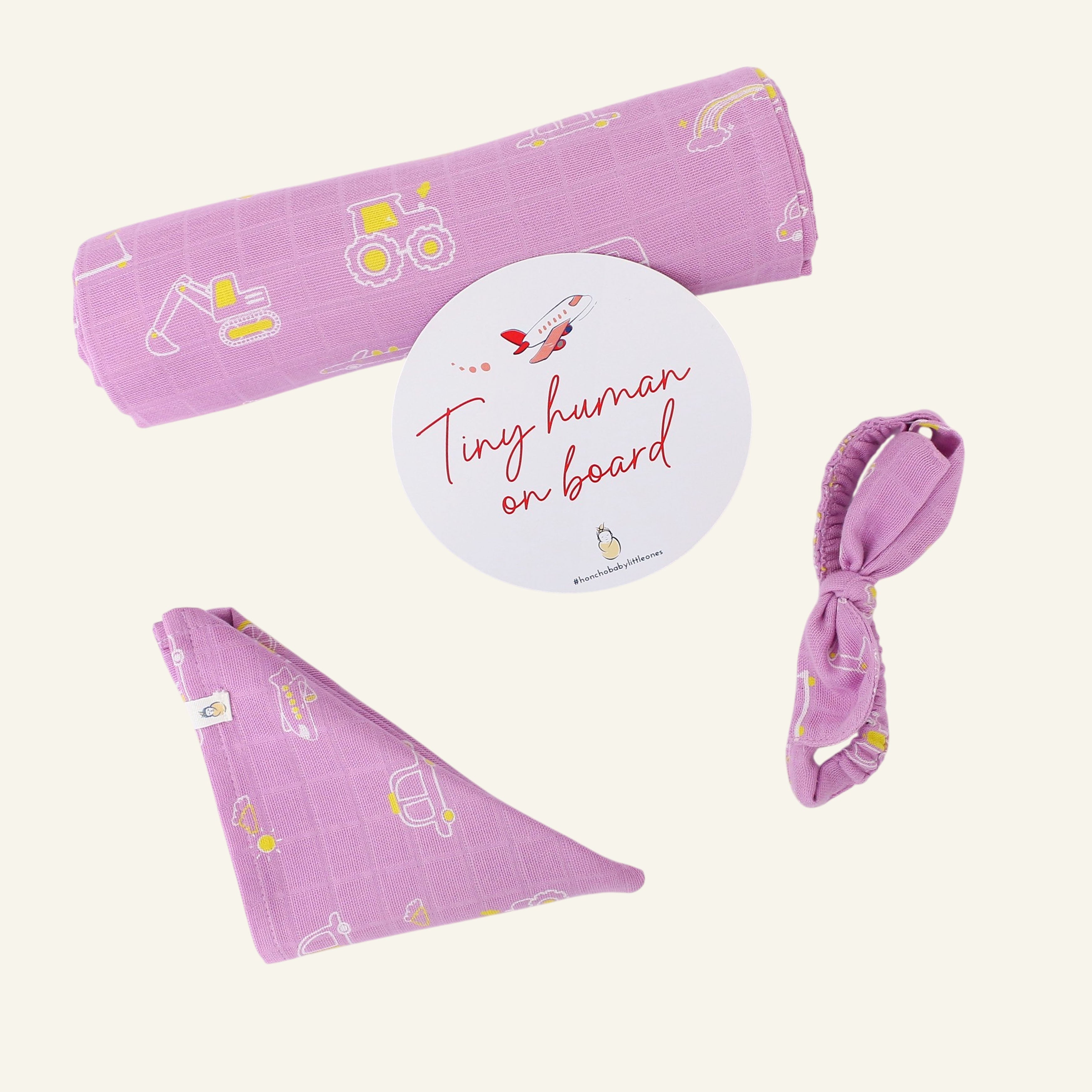 Busy Little Wheels - Organic Cotton (double layer) Baby Muslin Swaddle Set - 100 X 100 cms