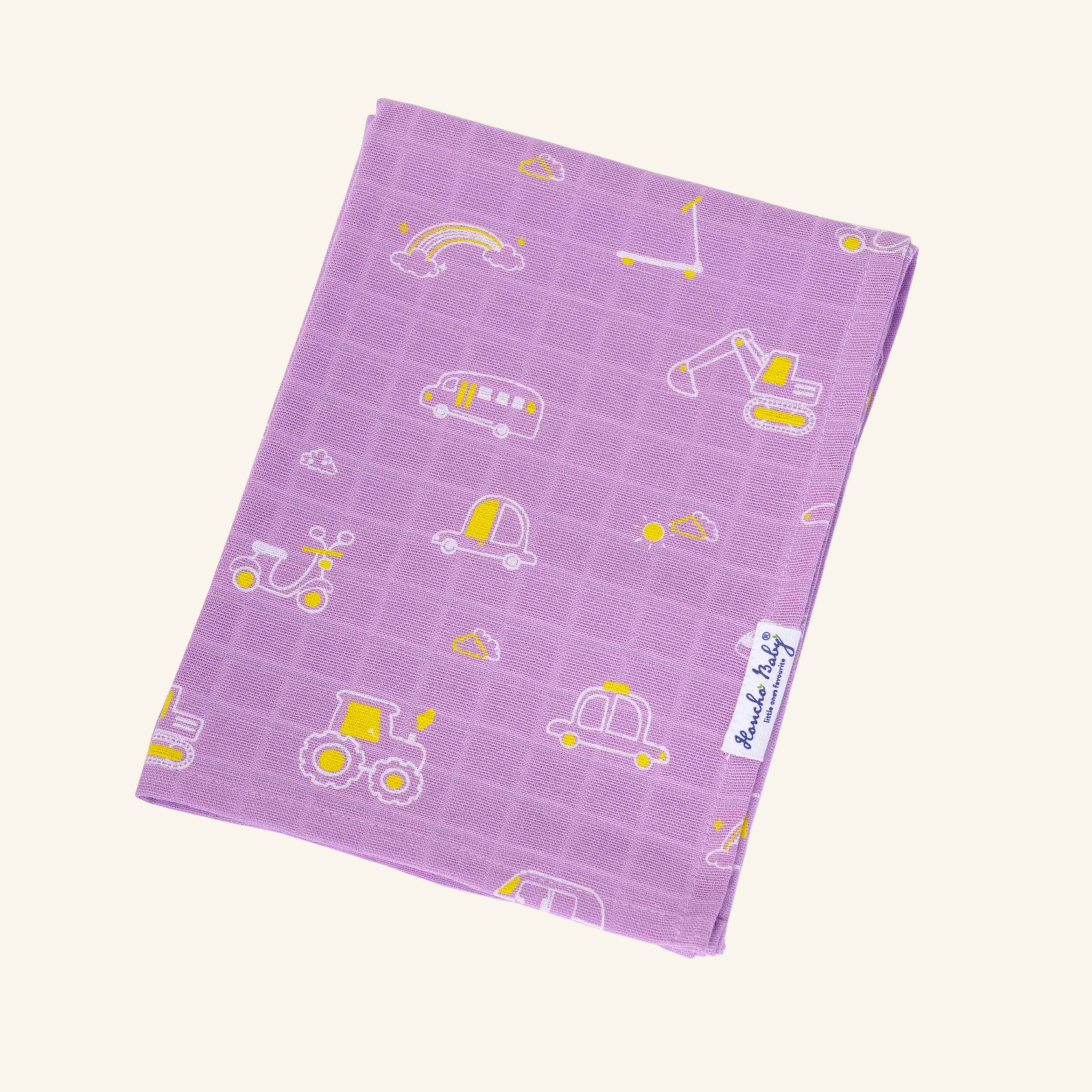 Busy Little Wheels - Muslin 100% Cotton Baby Towel (65 X 90 cms) 1 pack