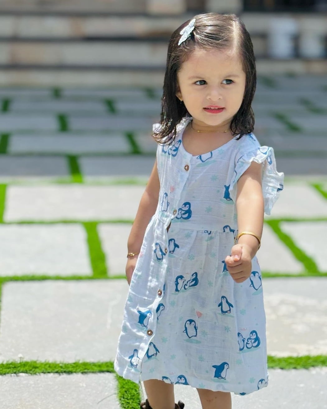 Happy Waddling Penguins - Muslin 100% Cotton Frock (0 to 4years )