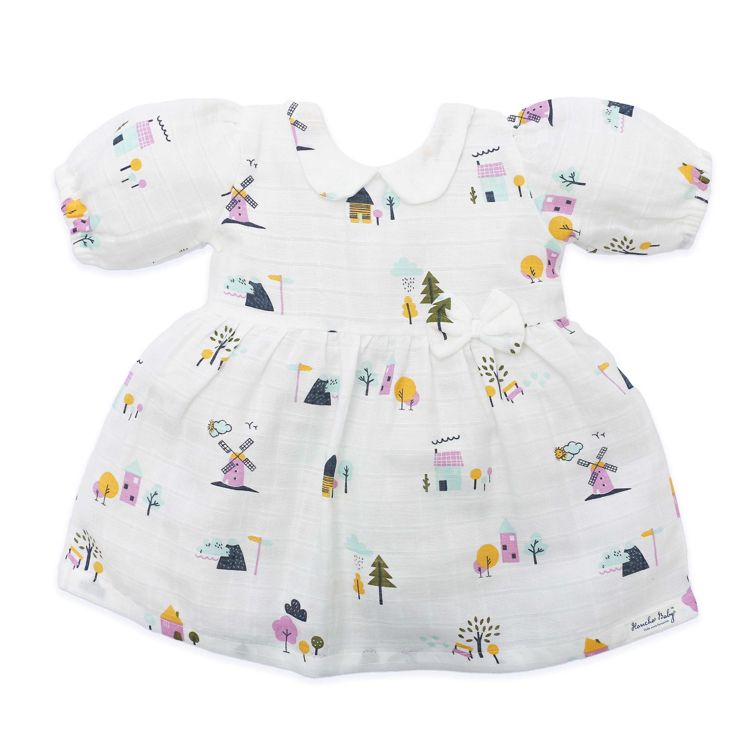 Farmyard Tales - Half Sleeve Puff Muslin Cotton Frock with Bow (0m to 5years) NEW
