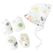 Baby Cap, Mittens and booties Set - Candy Cloud Dots  (0 - 3 months)