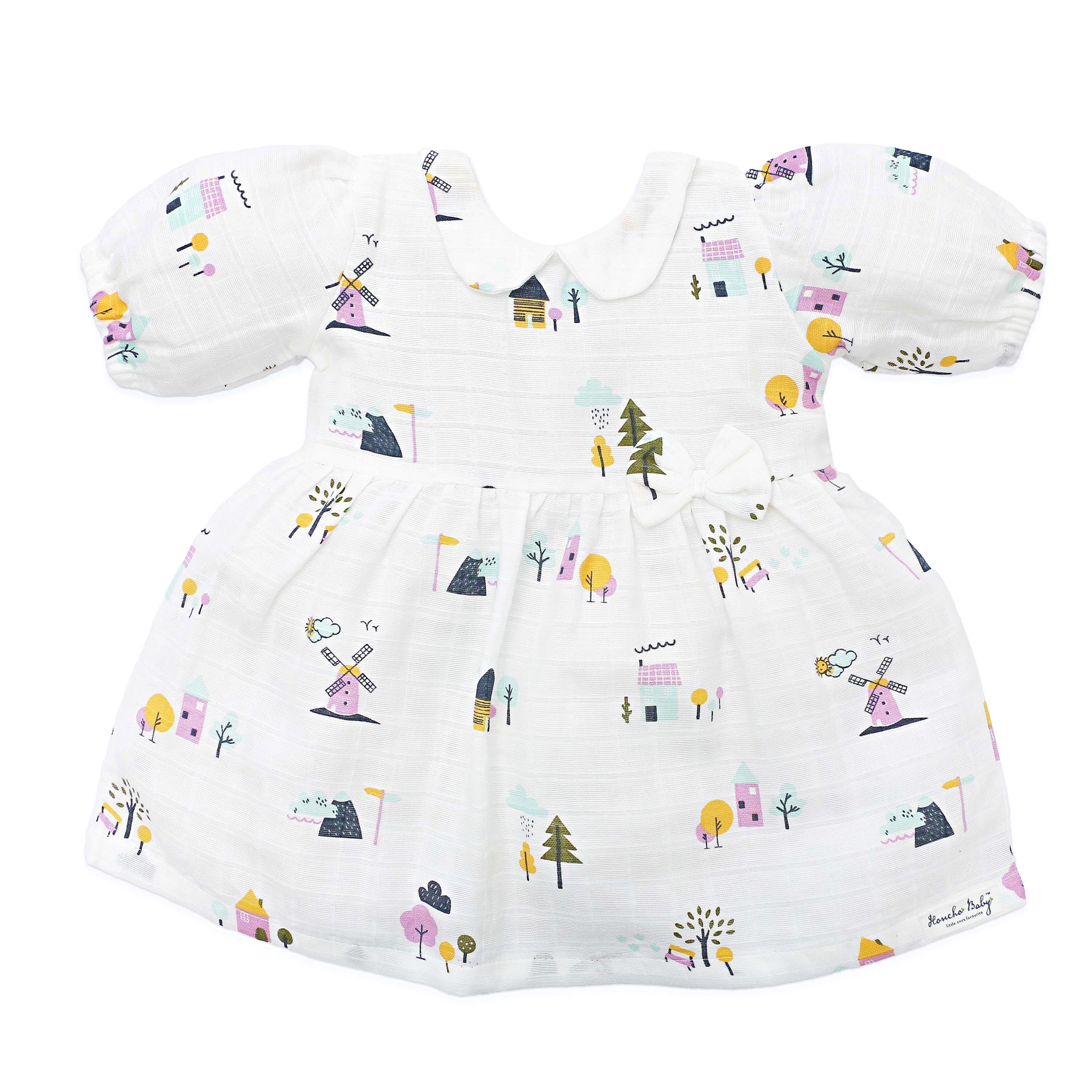 Farmyard Tales - Half Sleeve Puff Muslin Cotton Frock with Bow (0m to 5years) NEW