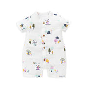 Organic muslin baby romper with colorful windmill print - front view showing button closure and short sleeves
