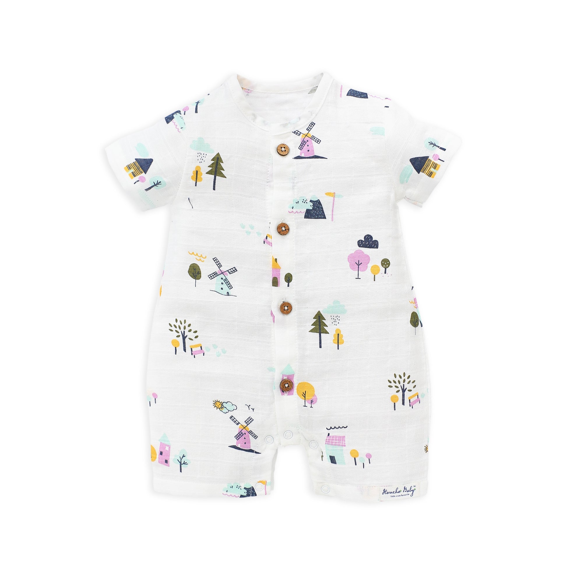 Organic muslin baby romper with colorful windmill print - front view showing button closure and short sleeves
