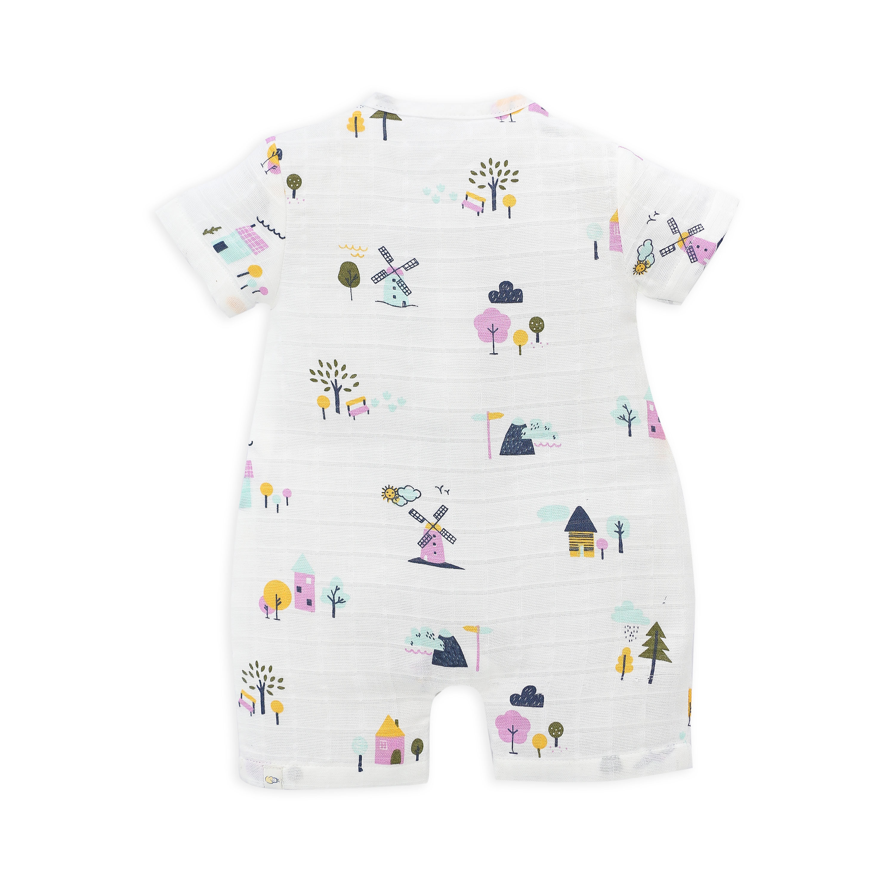 Back view of breathable muslin baby romper with all-over pattern
