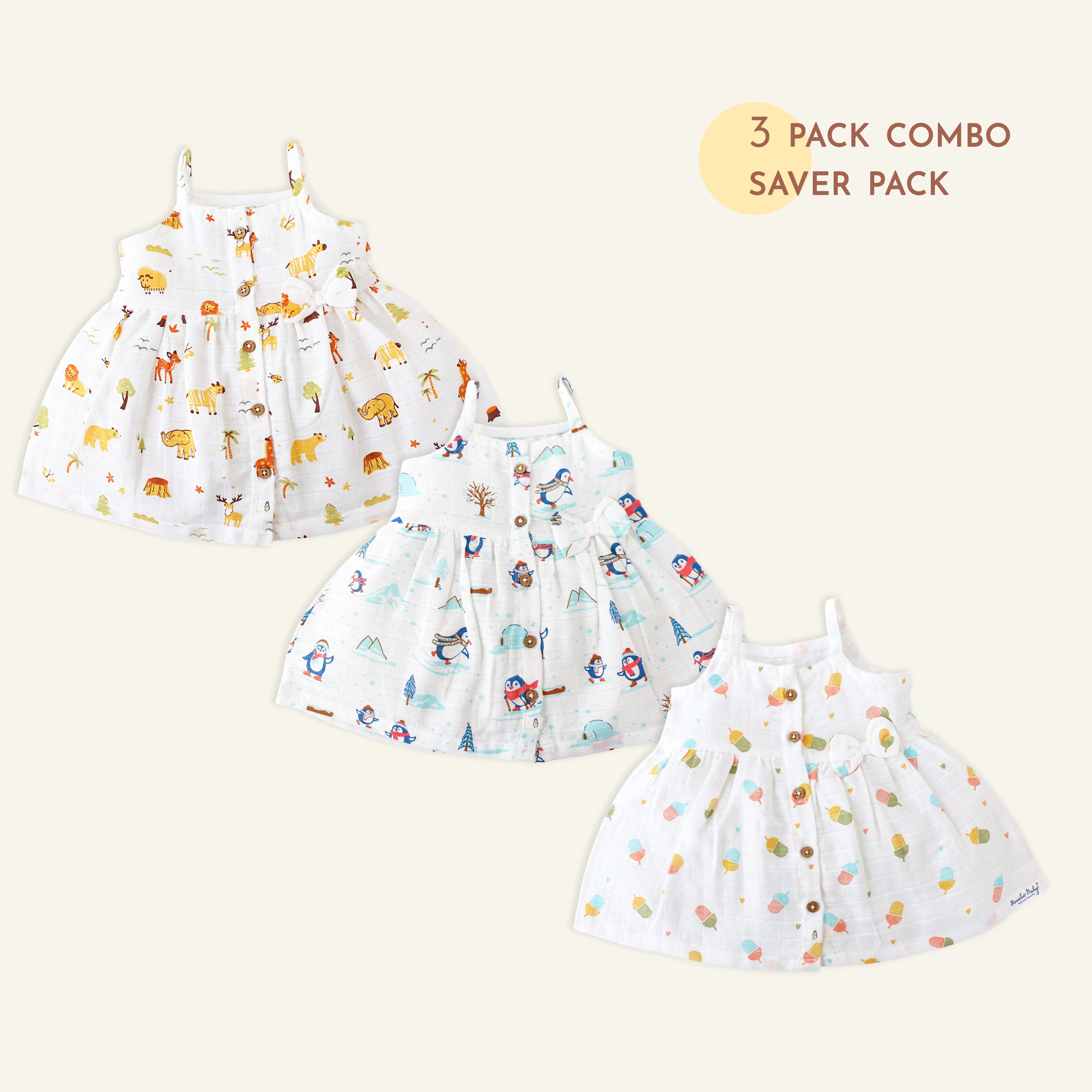 Sleeveless Muslin Cotton Frock with Bow  (0m to 4years) 3 Pack Combo