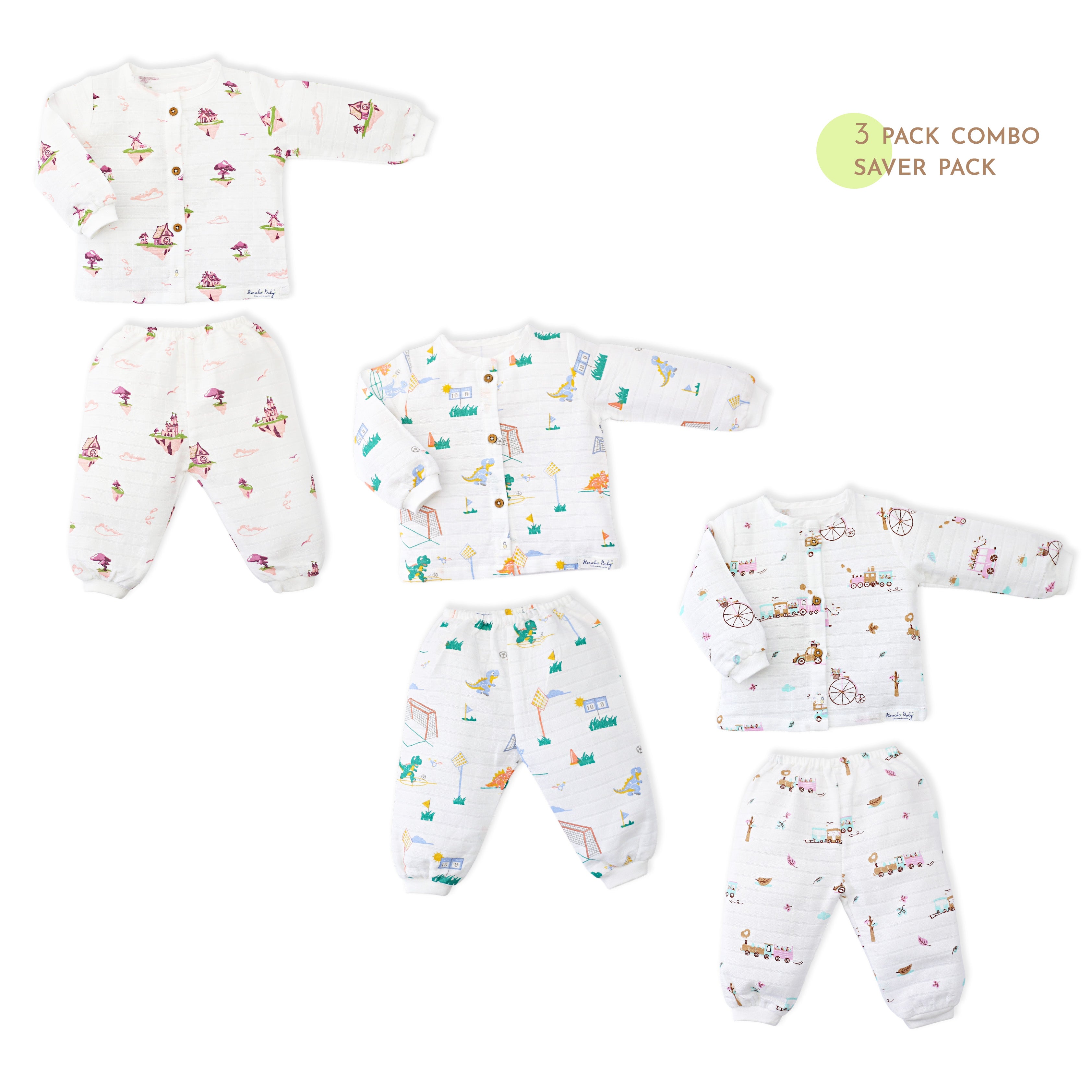 Muslin Cotton Full Sleeve Top & Pant Set for Baby & Toddler Pack of 3 (0–5 Years) - Little Magic Tales