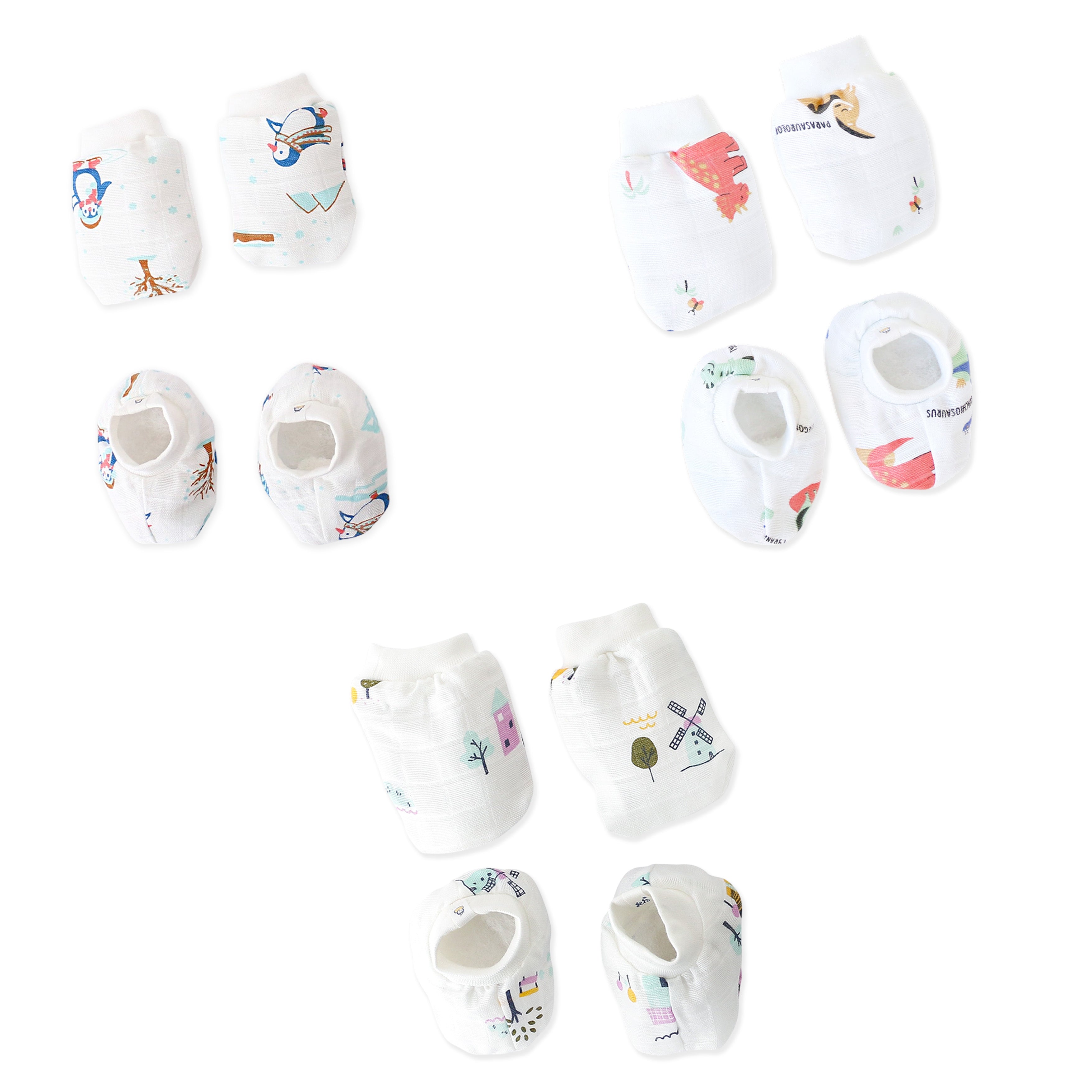 Baby Mittens and Booties 3 Pack Set ( 0 - 4 months ) 100% Cotton - Adventure Trio Combo