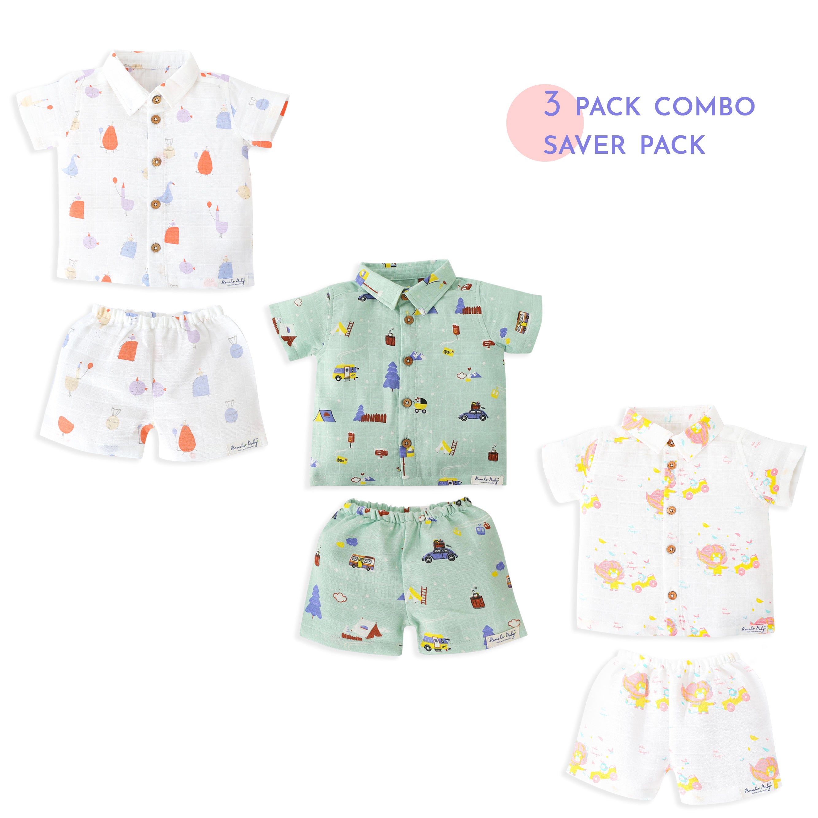 Boys Muslin Shirt & Shorts Set (0M – 5Y) - Assorted 3 Pack - Little Adventure Combo NEW