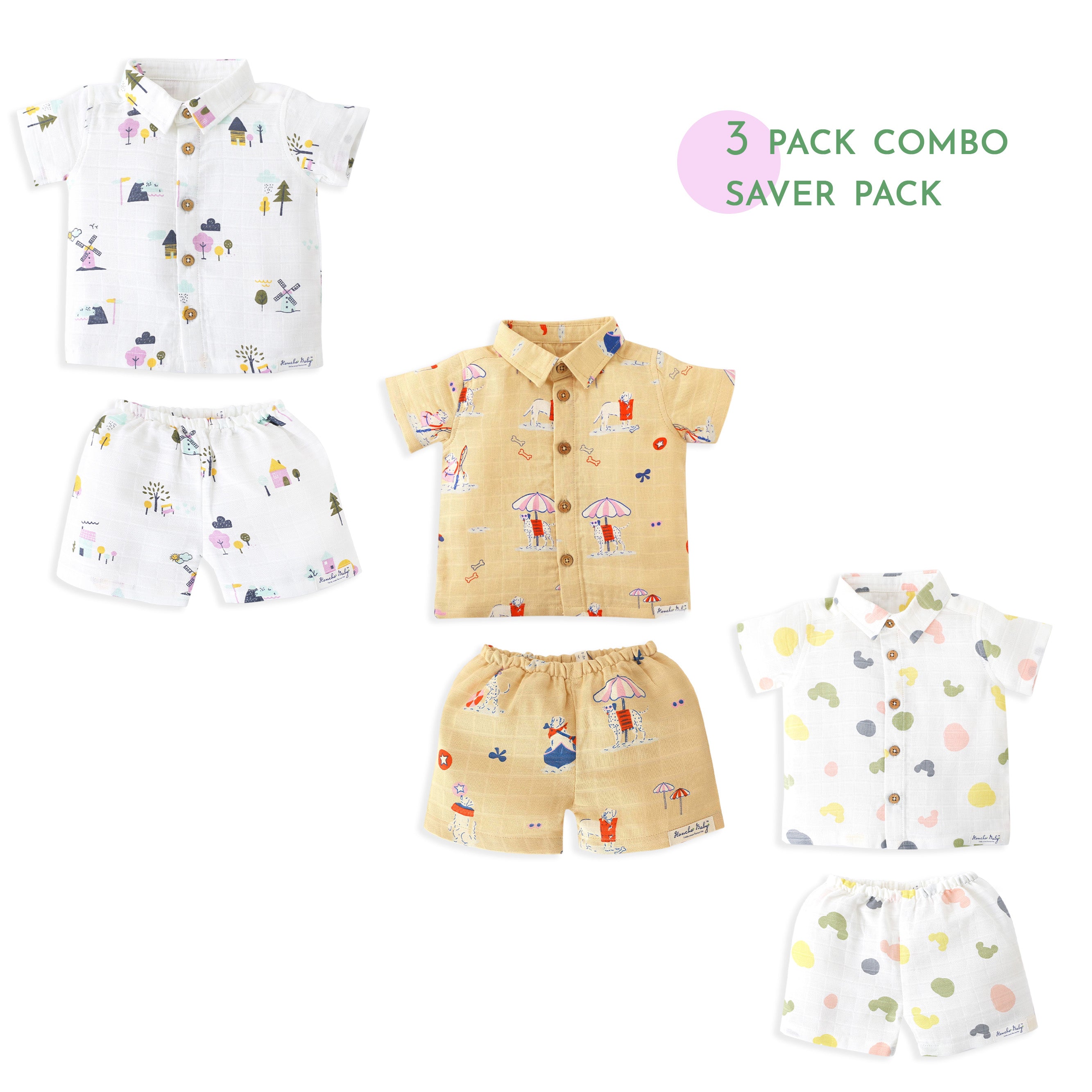 Boys Muslin Shirt & Shorts Set (0M – 5Y) - Assorted 3 Pack - Wonder Tales Combo NEW