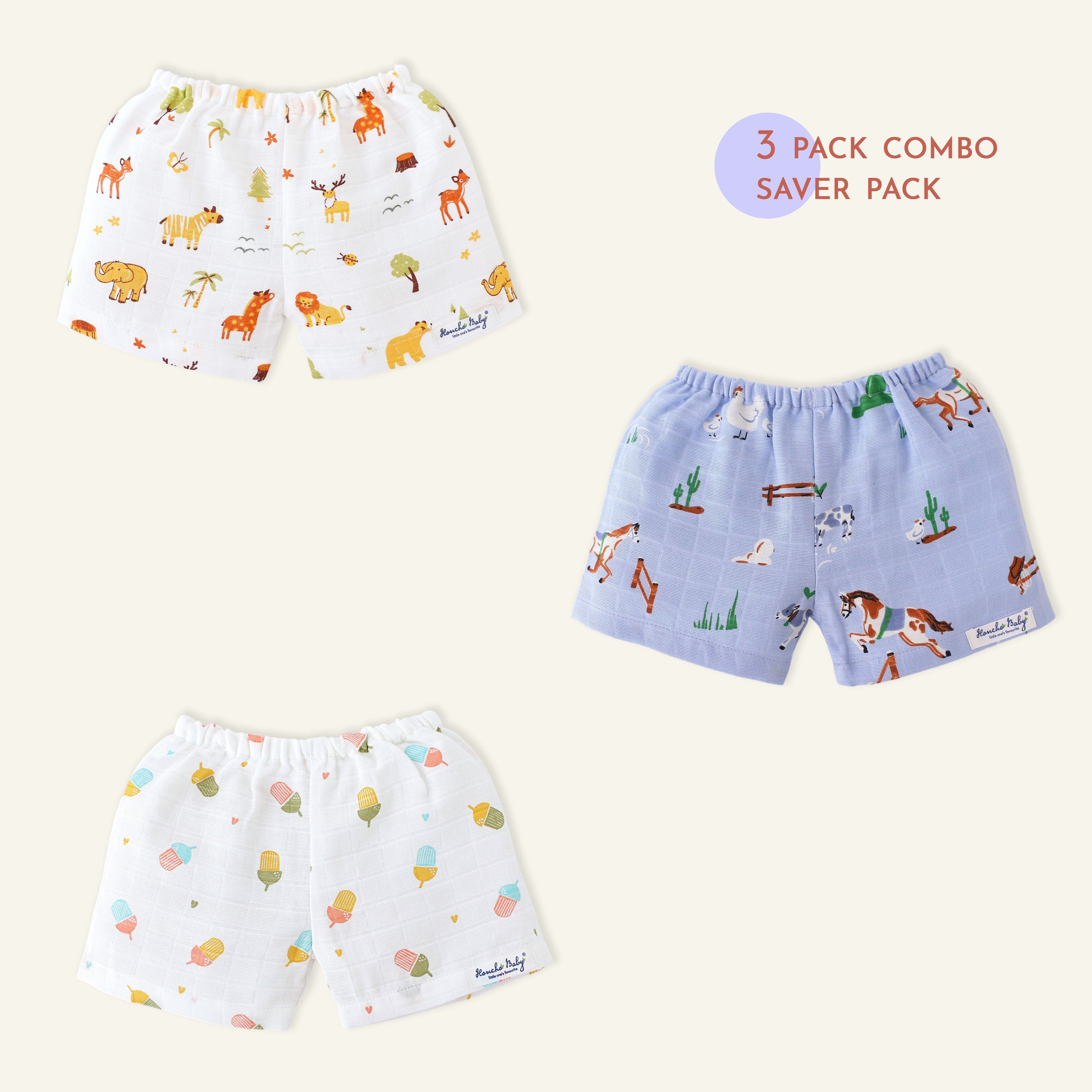 Muslin Unisex Shorts- Assorted Pack of 3 (0 - 4 years) Tiny Tales Combo