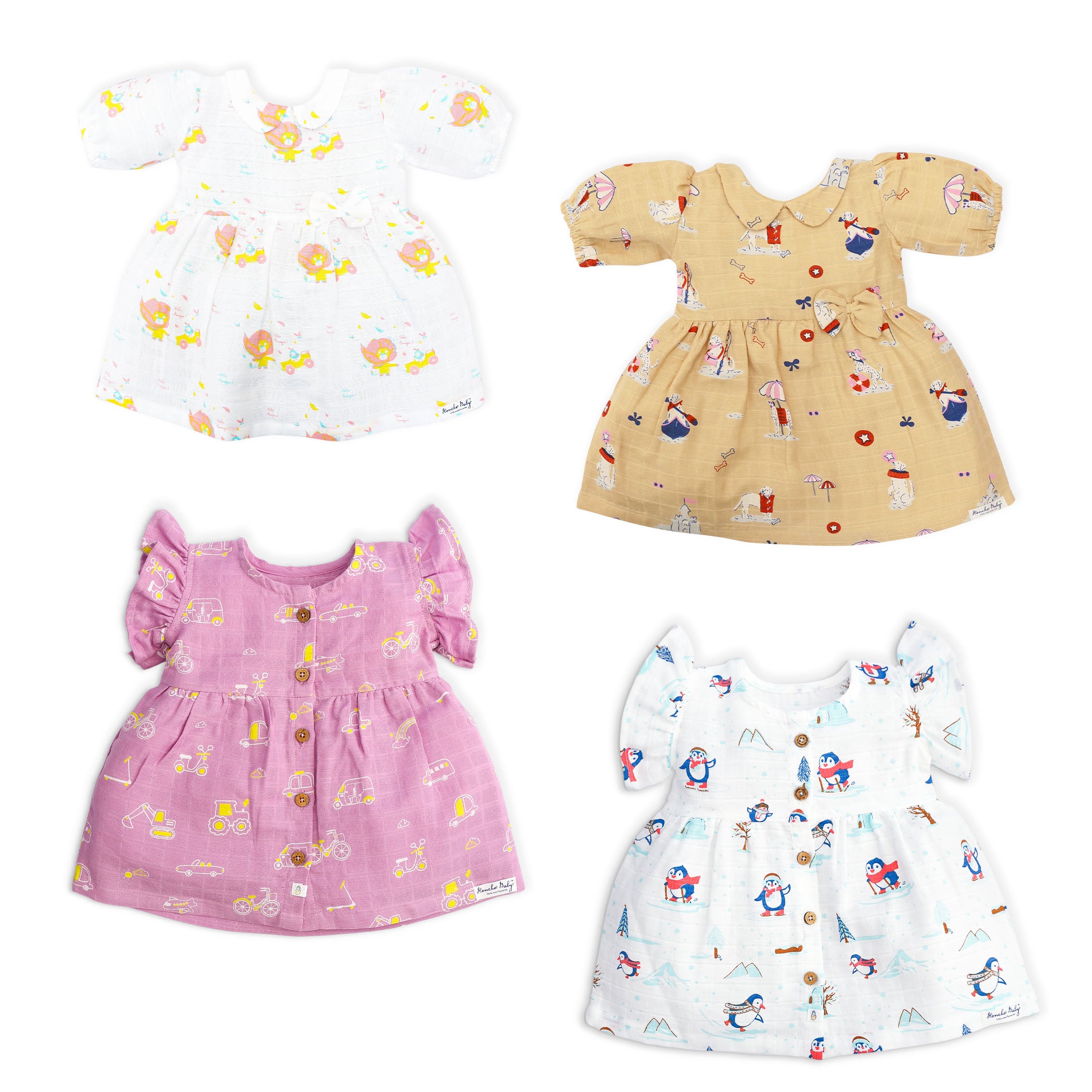 Half Sleeve and Frill Sleeve Muslin Cotton Girls Frock Combo Pack of 4 (0 Months to 5 Years)