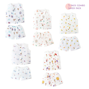 Muslin Unisex Sleeveless top - 5 & Shorts set - 5 (NB - 4years) COMBO SAVER 5 PACK
