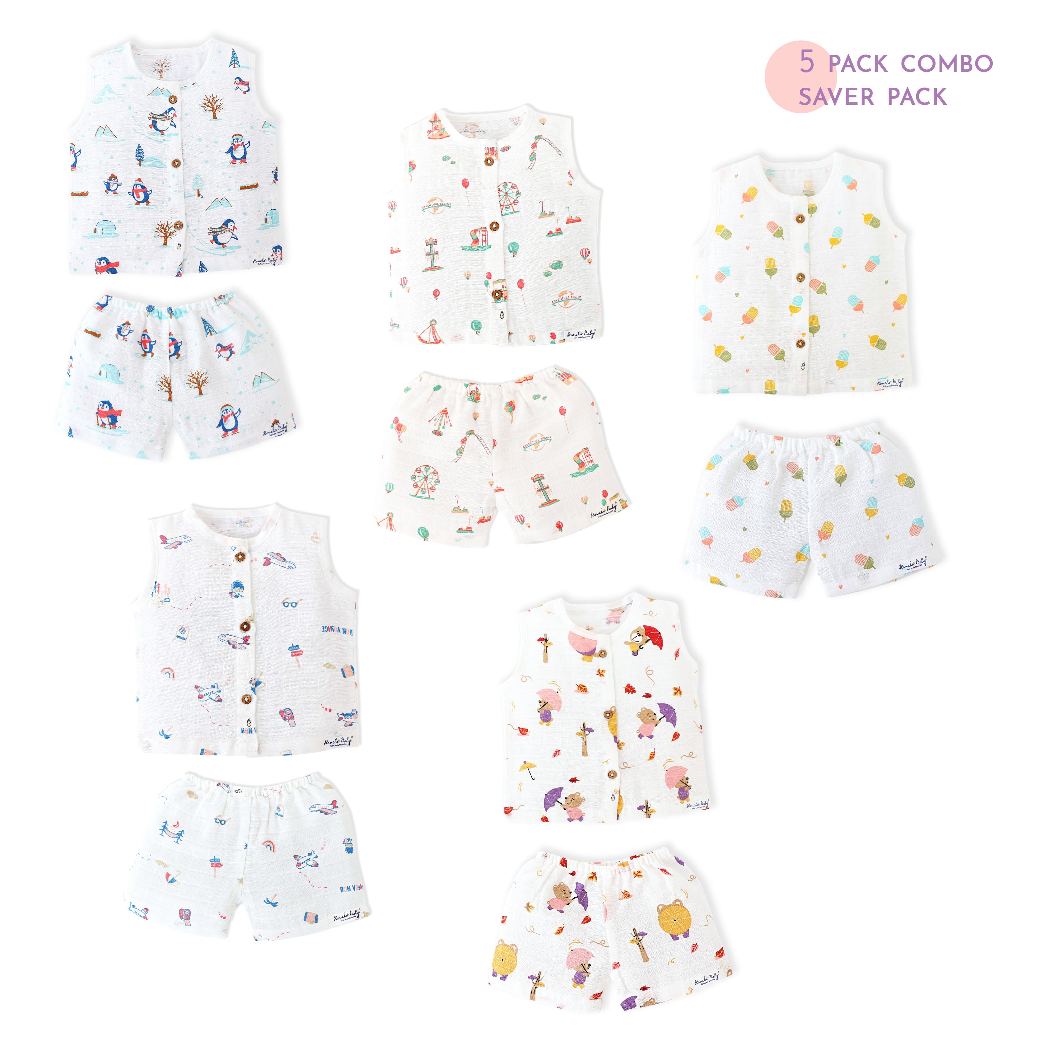 Muslin Unisex Sleeveless top - 5 & Shorts set - 5 (NB - 4years) COMBO SAVER 5 PACK