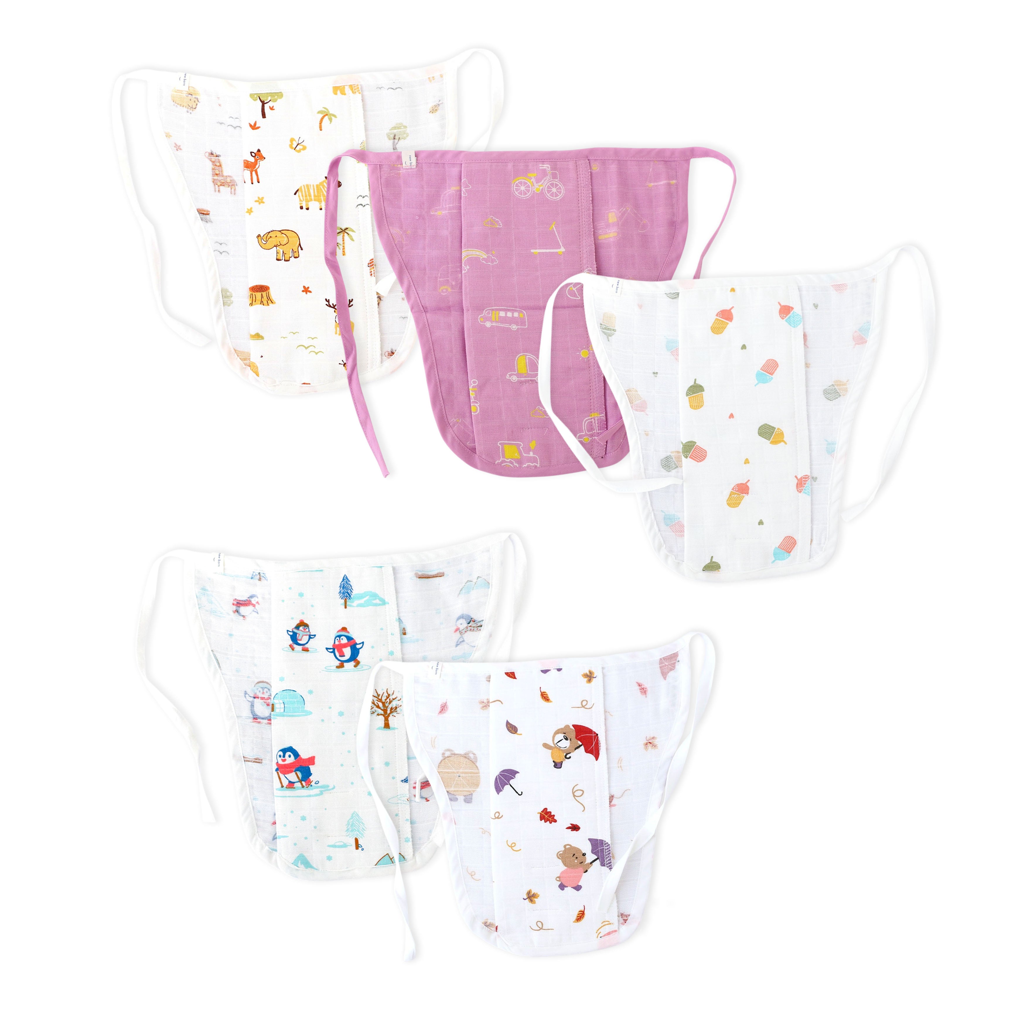 Reusable Muslin Nappies / Langot (4 Layered Central Panel) Pack of 5 for 0-3 Months - Tiny Jungle Adventure, Teddy's Windy Walk, Busy Little Wheels, Penguin Wonderland , Rainbow Popsicles