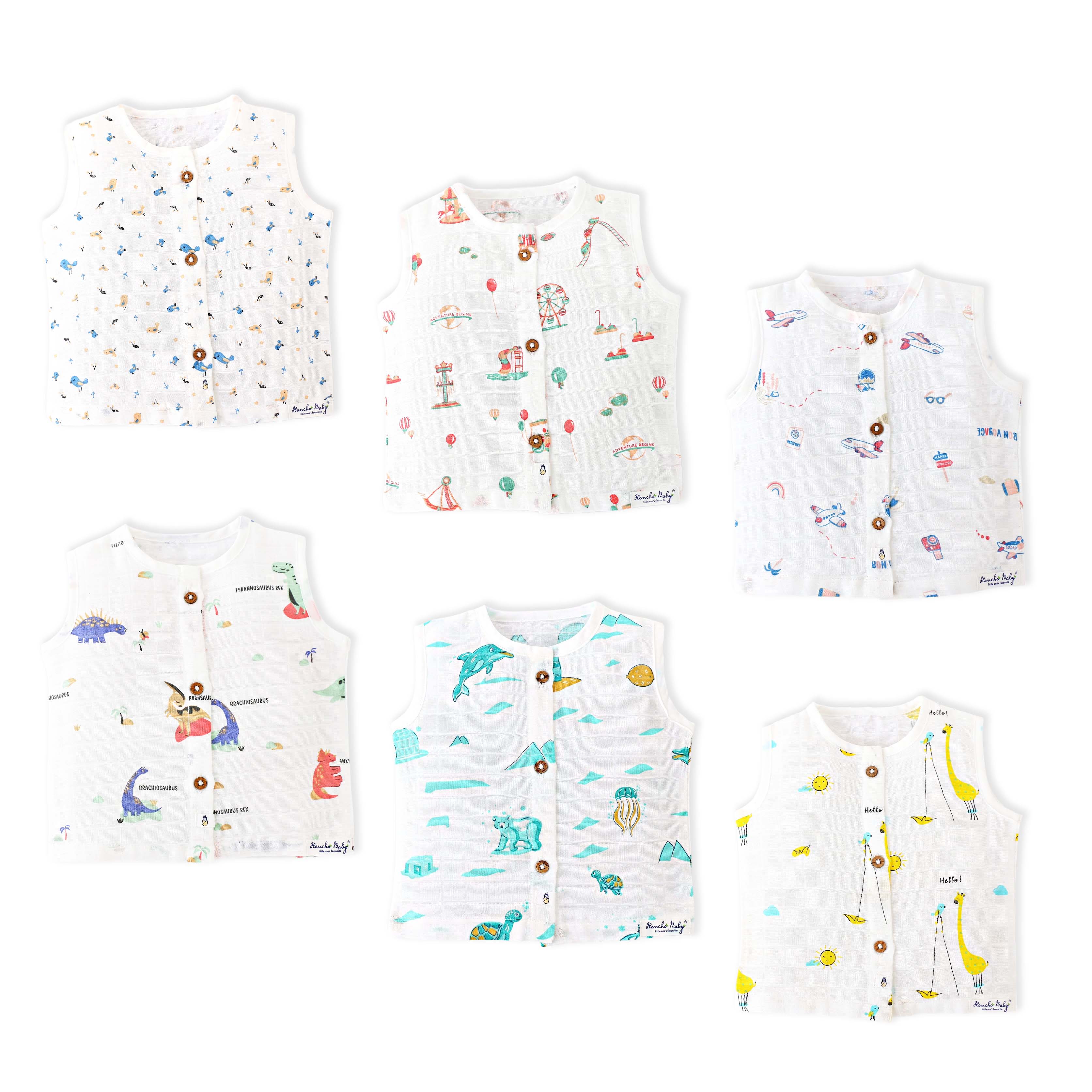 Muslin Sleeveless Top (newborn to 4years) Assorted 6 Pack - Tiny World Adventure Combo