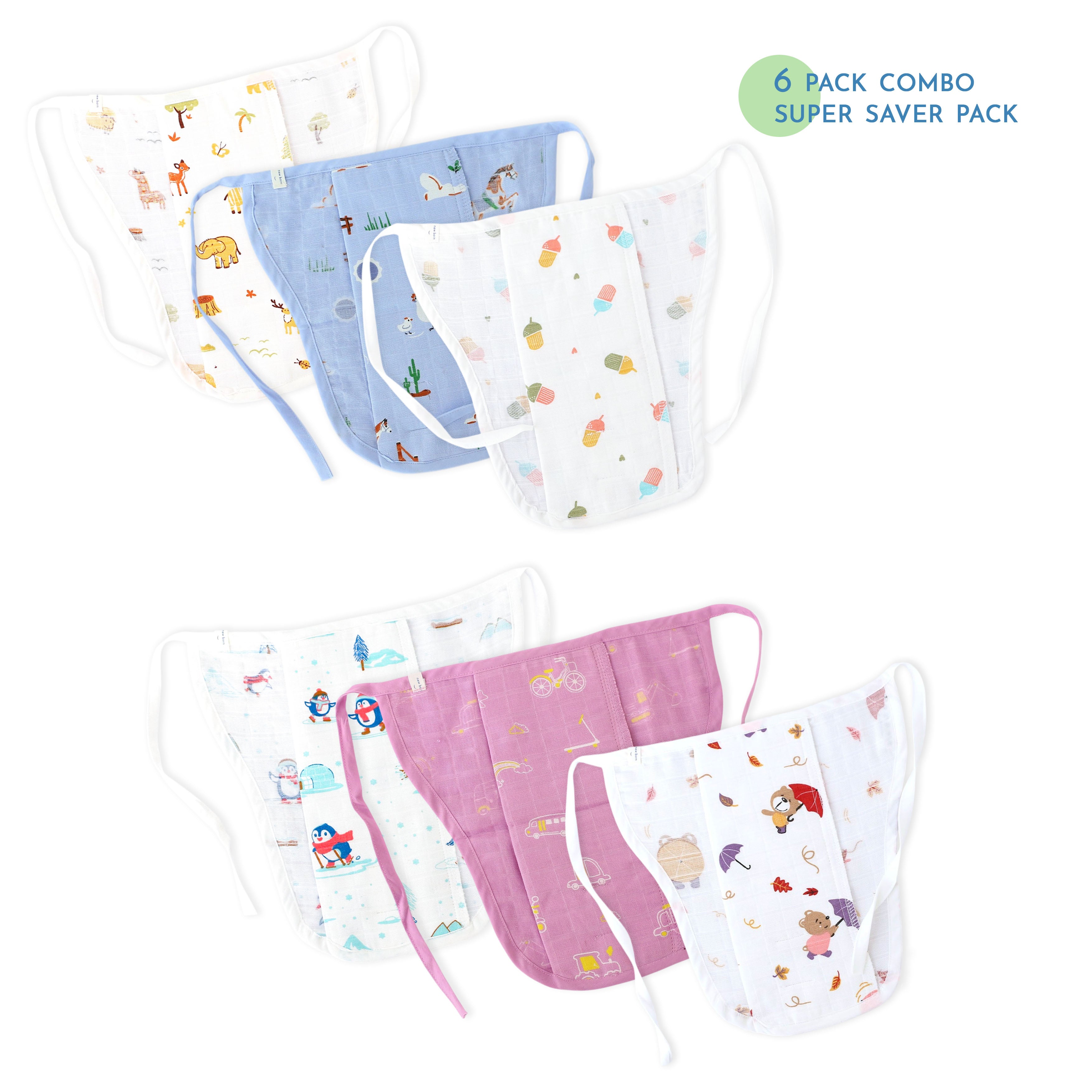 Assorted 6 pack - Reusable Muslin Nappies / Langot (4 Layered Central Panel) - Little Tiny Combo