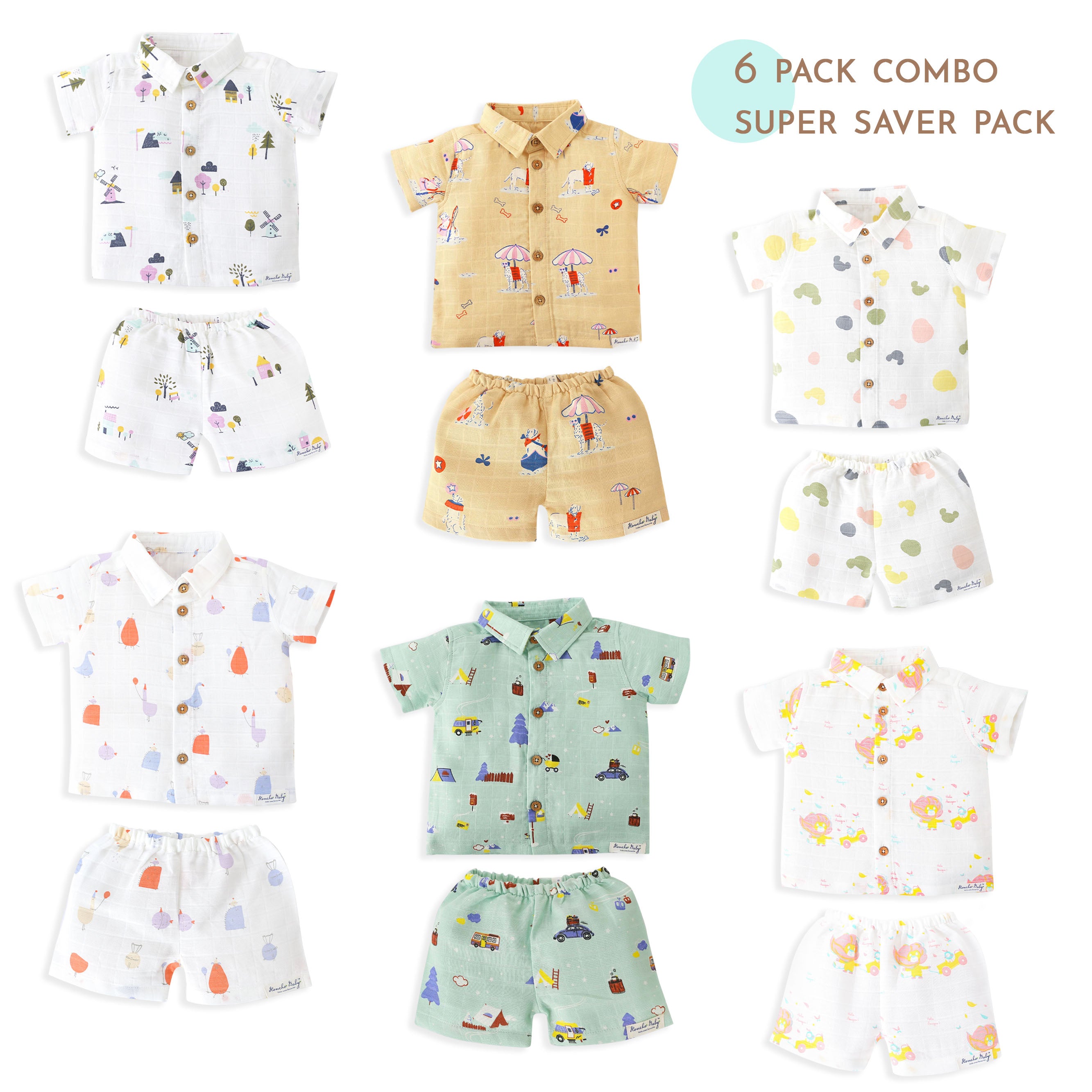 Boys Muslin Shirt & Shorts Set (0M – 5Y) - Assorted 6 Pack  NEW