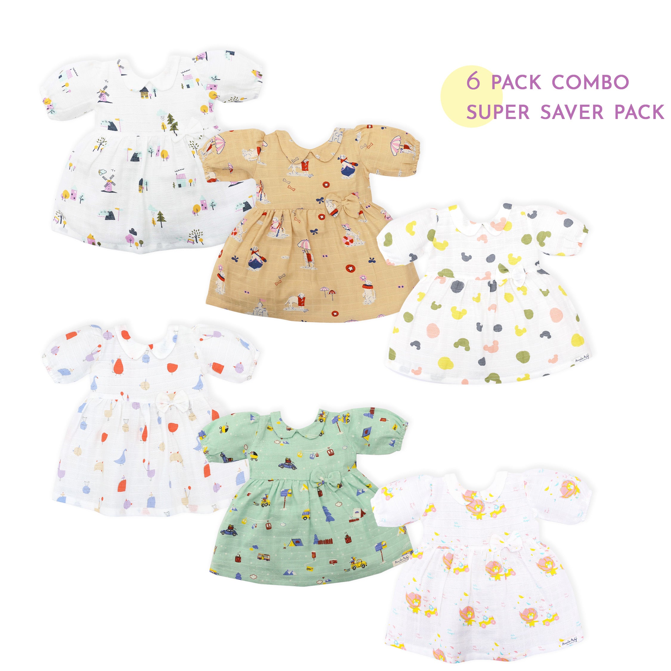 Half Sleeve Puff Muslin Cotton Frock with Bow (0m to 5 years) - Assorted 6 pack