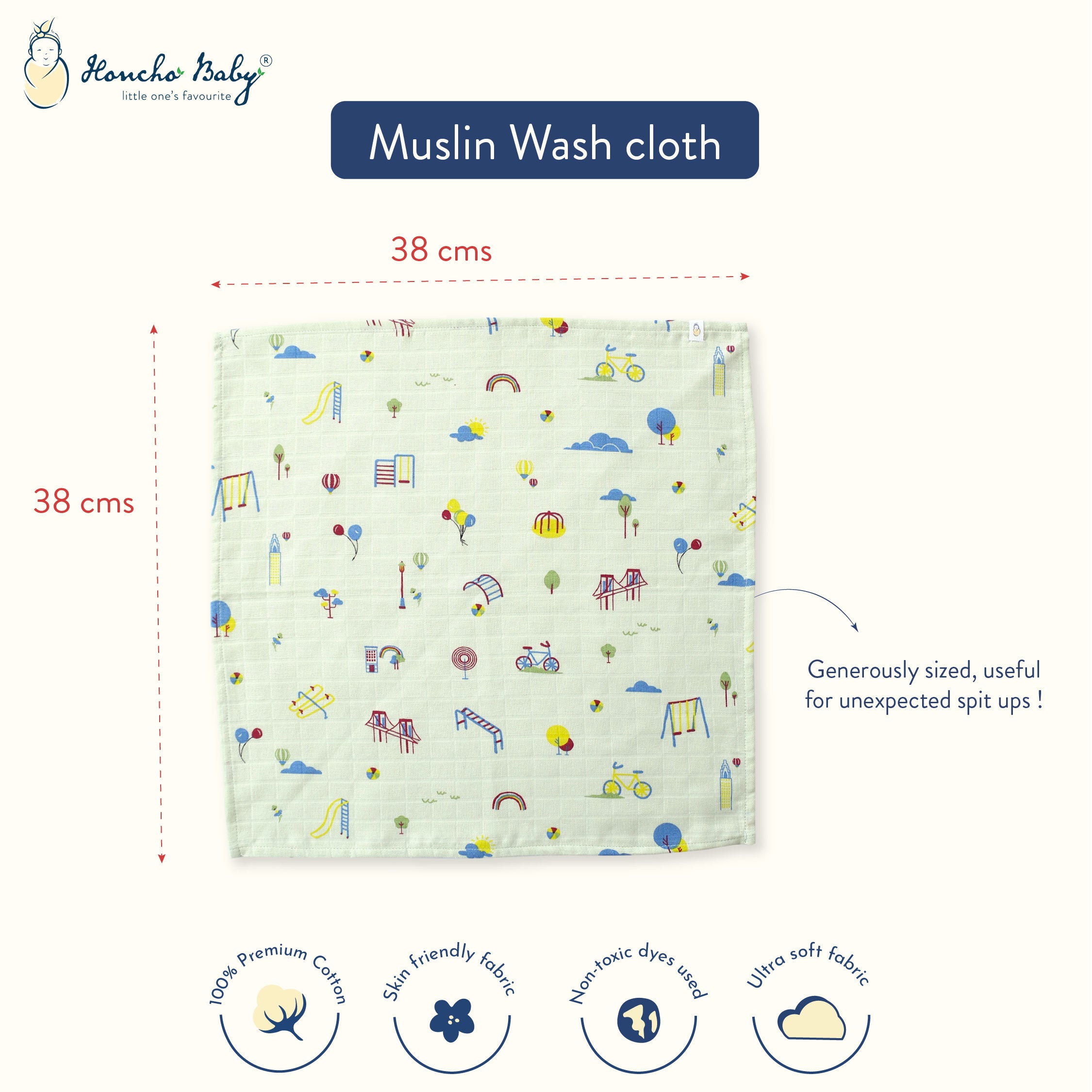 Large Size 38 × 38 cm Muslin Wash Cloth / Handkerchief – 2-Pack (Cub's First Concert & Park Play Days)