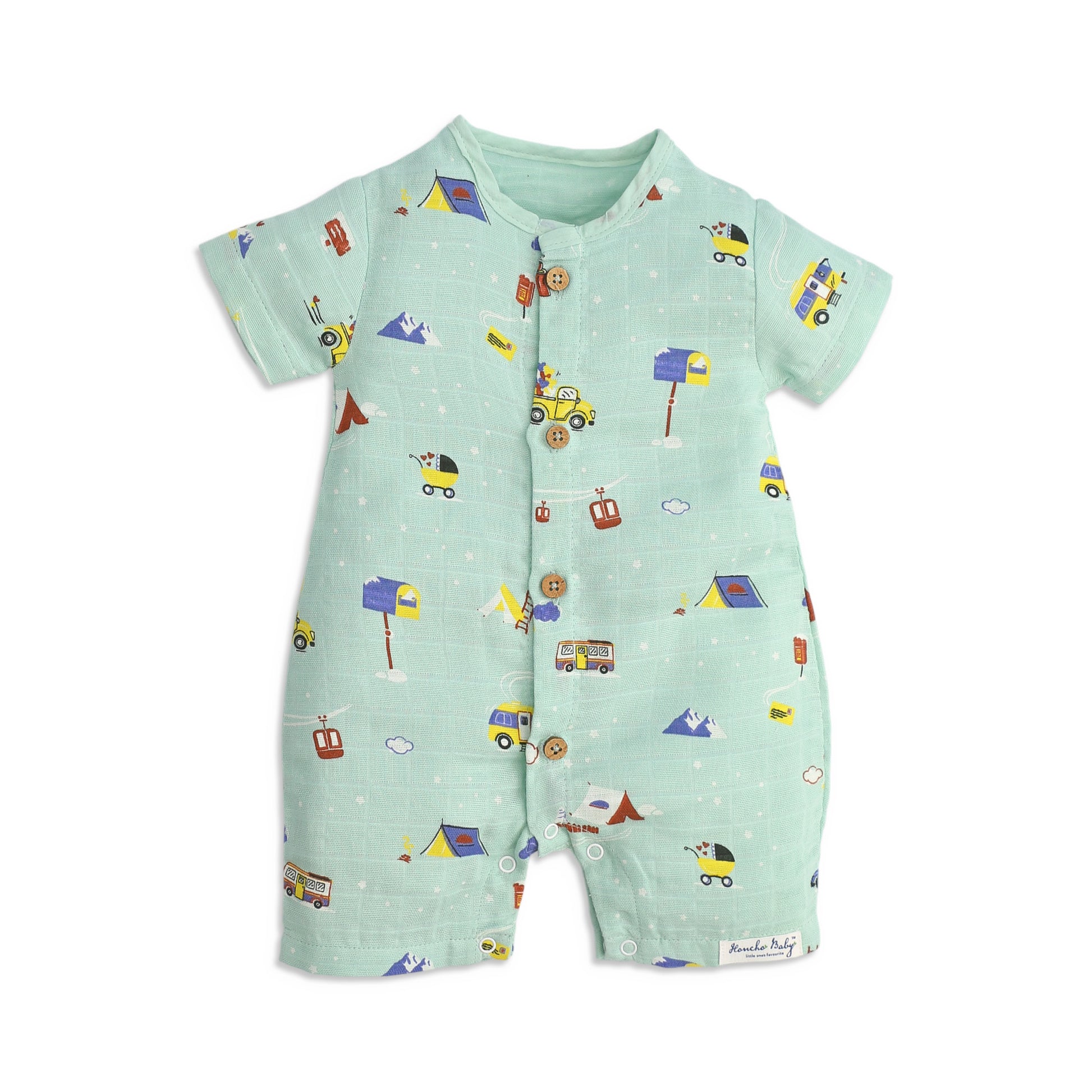 Organic muslin Green color baby romper with colorful snowy village and vehicles - front view showing button closure and short sleeves