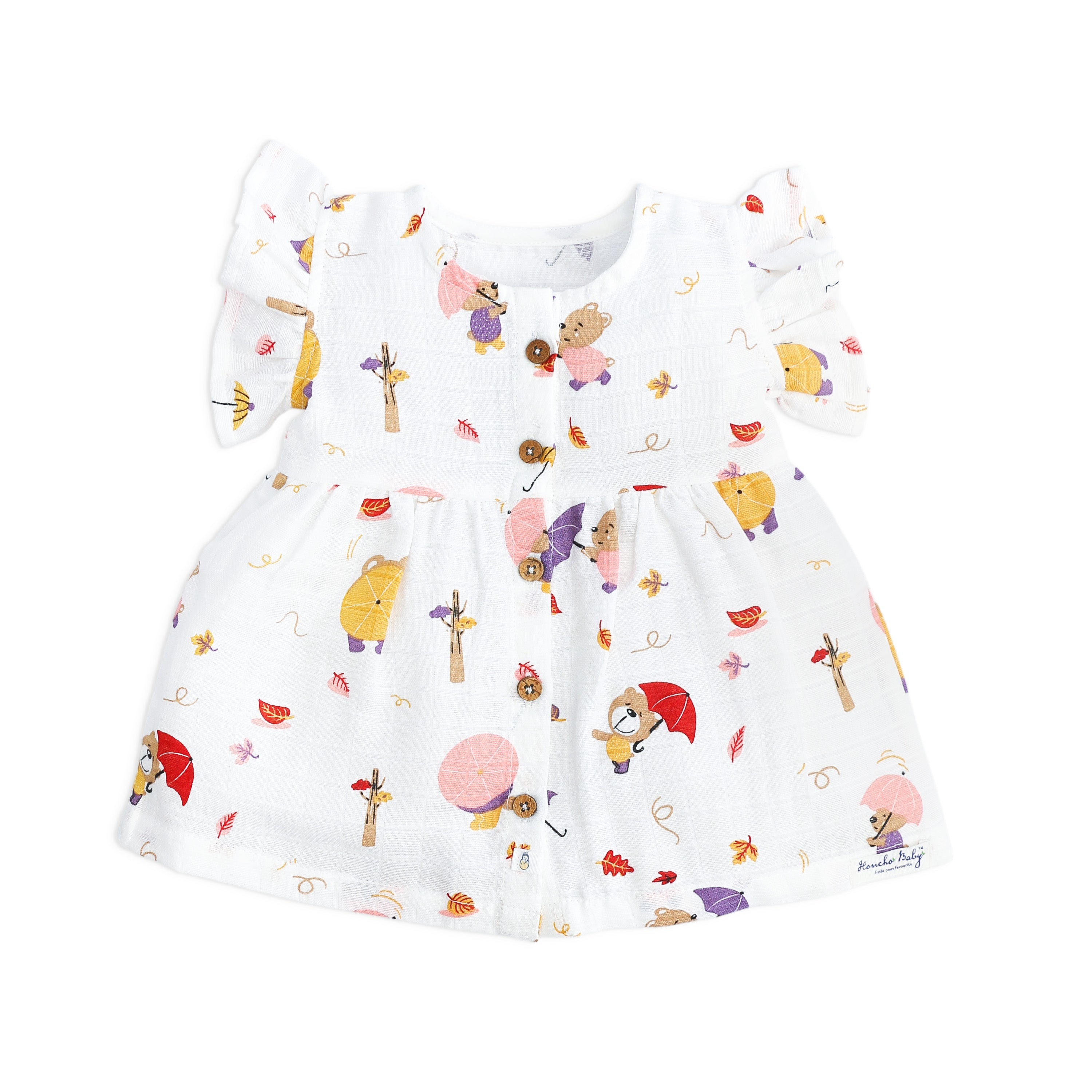 Teddy's Windy Walk muslin baby frock front view with bear print