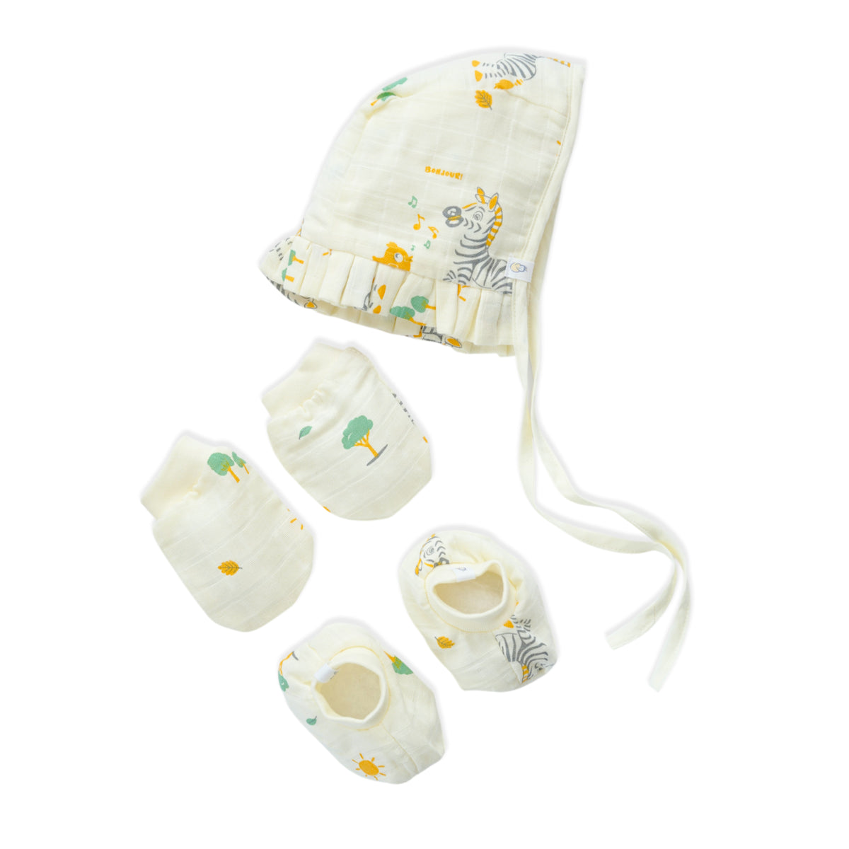 Baby Cap, Mittens and booties Set - Zebra Tales (0-3 Months)