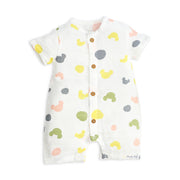 Baby romper with colorful animal pattern on a white background