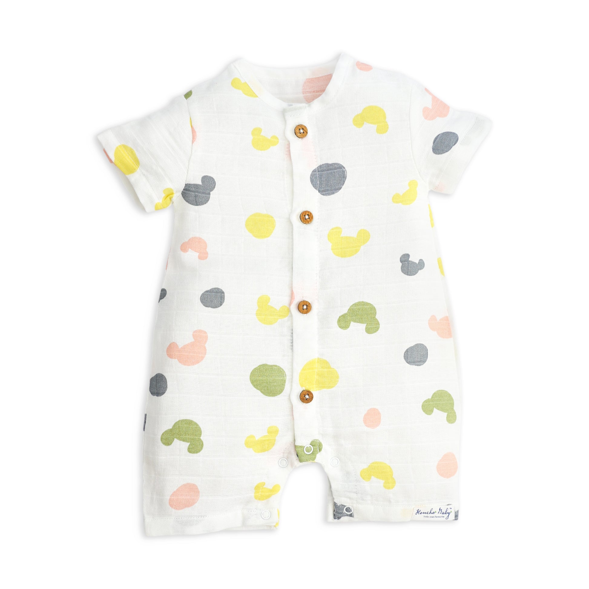 Baby romper with colorful animal pattern on a white background