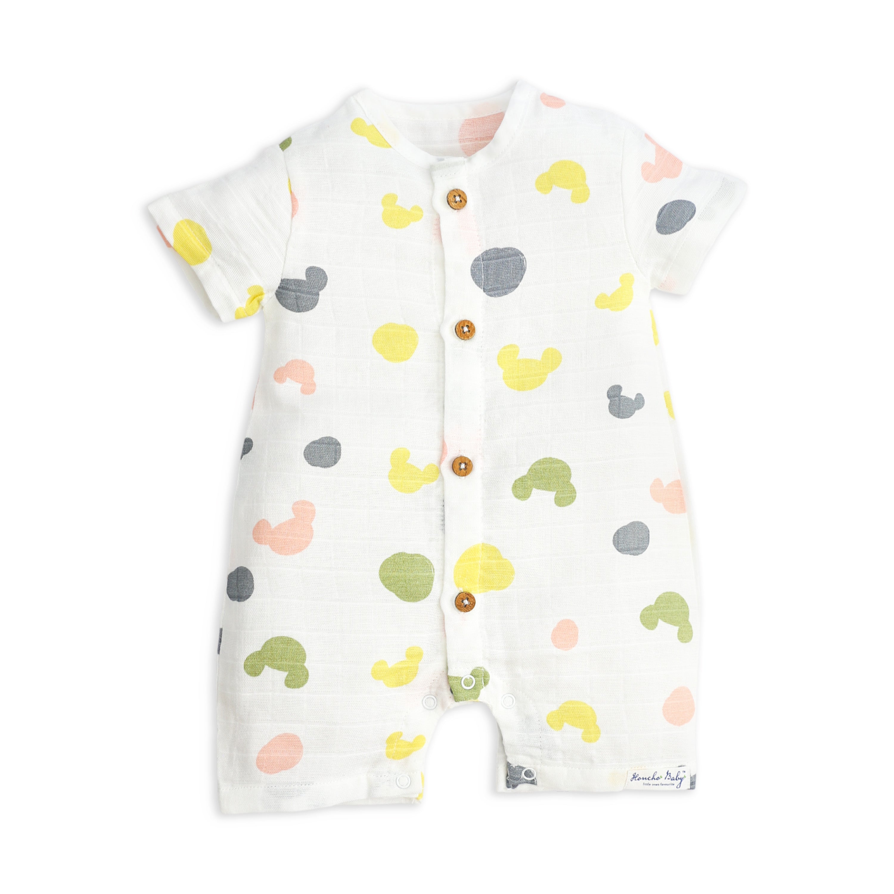 Baby romper with colorful animal pattern on a white background